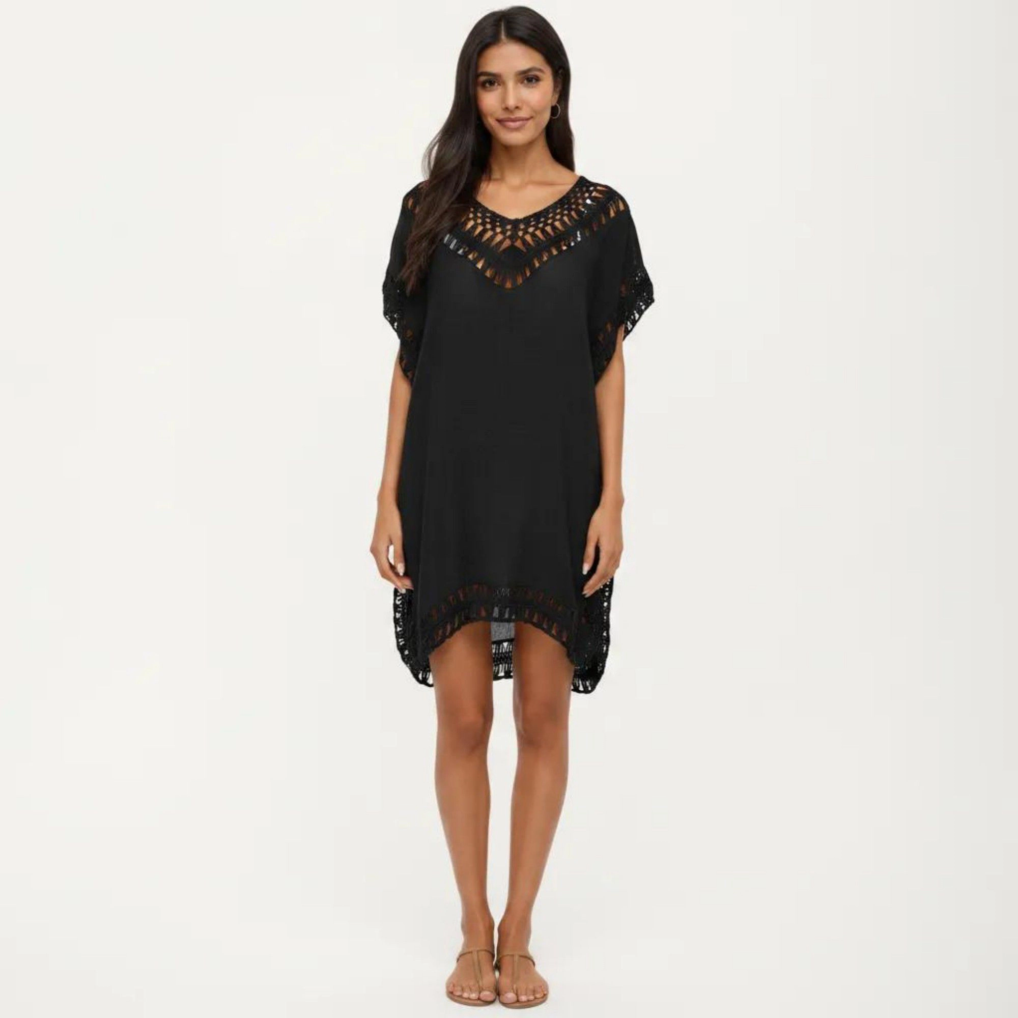 Anna-Kaci Women's Swim Cover Up Dress with Crochet Trim Short Sleeves Lightweight Beach Caftan