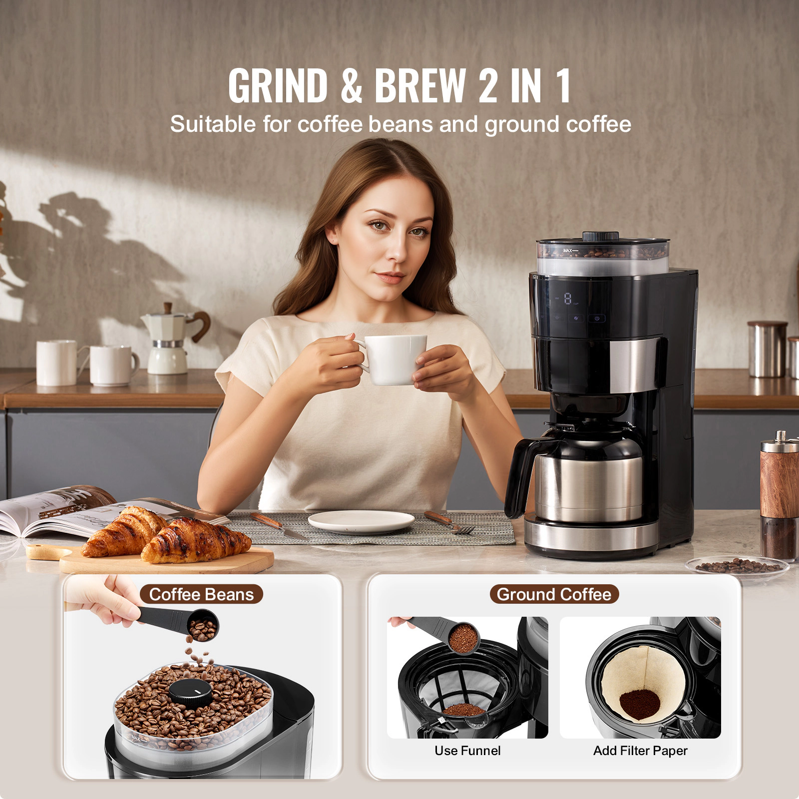 HONGGE Coffee Maker with Grinder, Grind and Brew for Home Office Restaurant