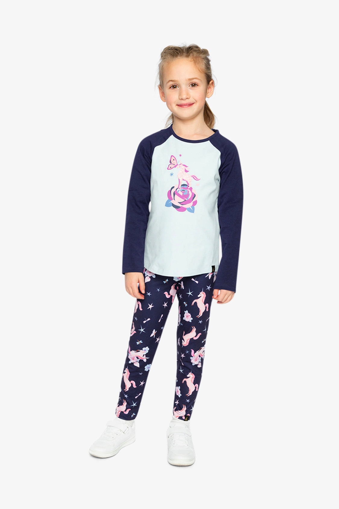 Deux par Girls Raglan Organic Cotton Unicorn and Butterfly Graphic T-Shirt