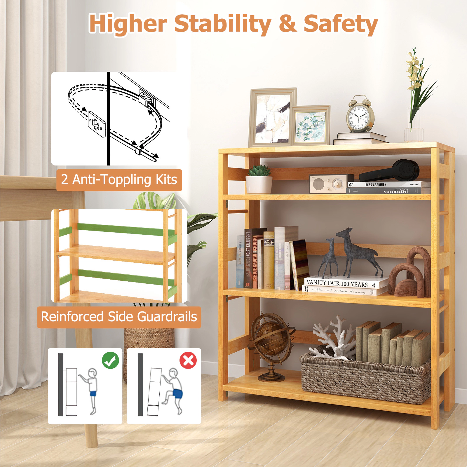 SUGIFT 4-Tier Bookshelf with Side Fences 33-lb Shelf Capacity Natural