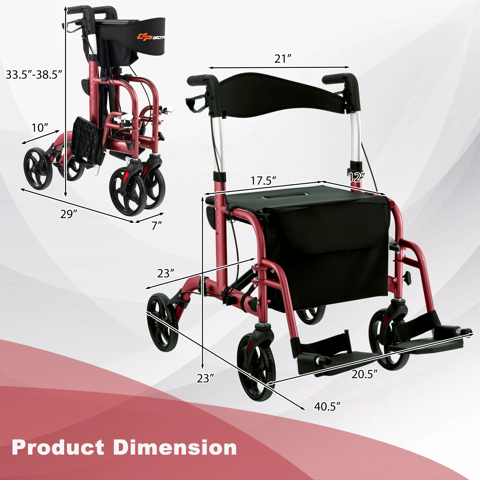 SUGIFT 2-in-1 Adjustable Handle Rollator Walker and Wheelchair 300-Lb Capacity 33.5-38.5-in Adjustable Height Red