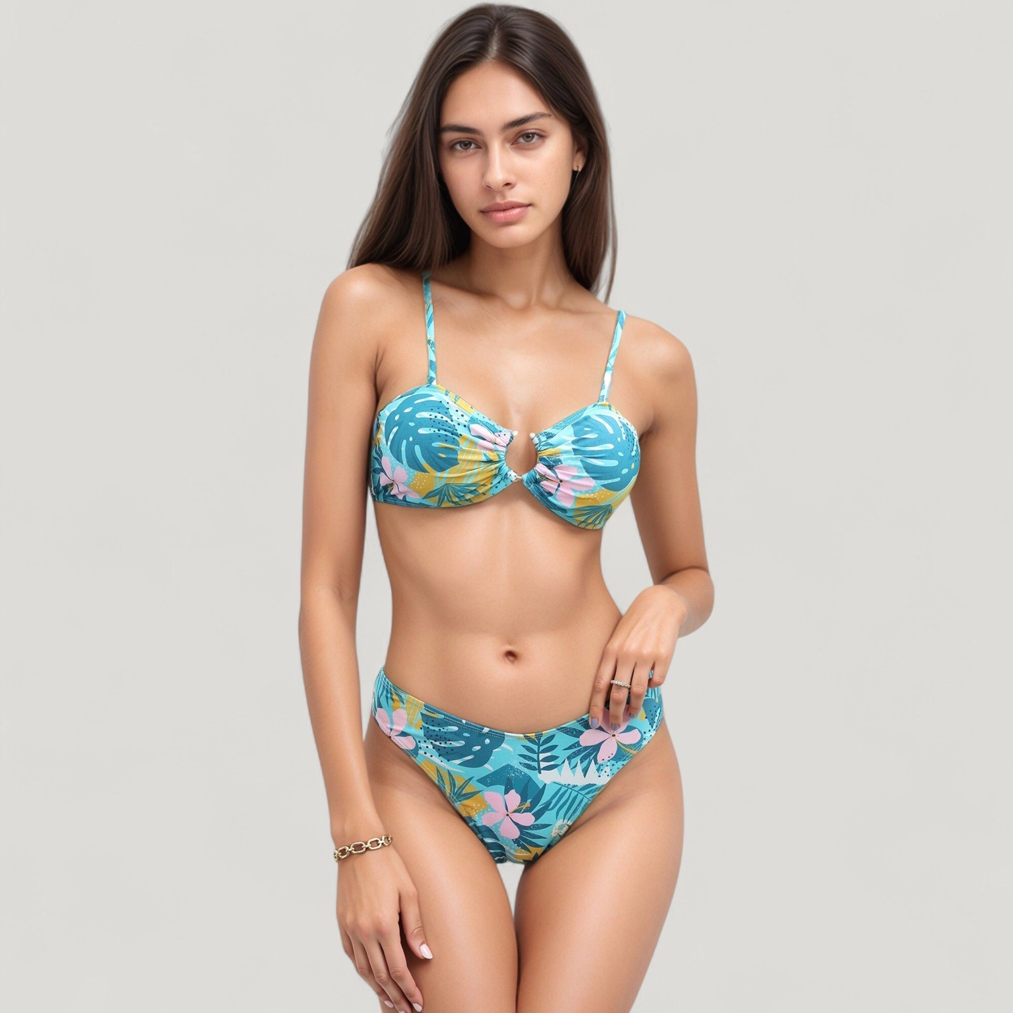 Anna-Kaci Women Tropical Leaf 3-Piece Swimsuit Set - Padded Bikini Top, High-Waist Bottoms, Sheer Wide-Leg Pants