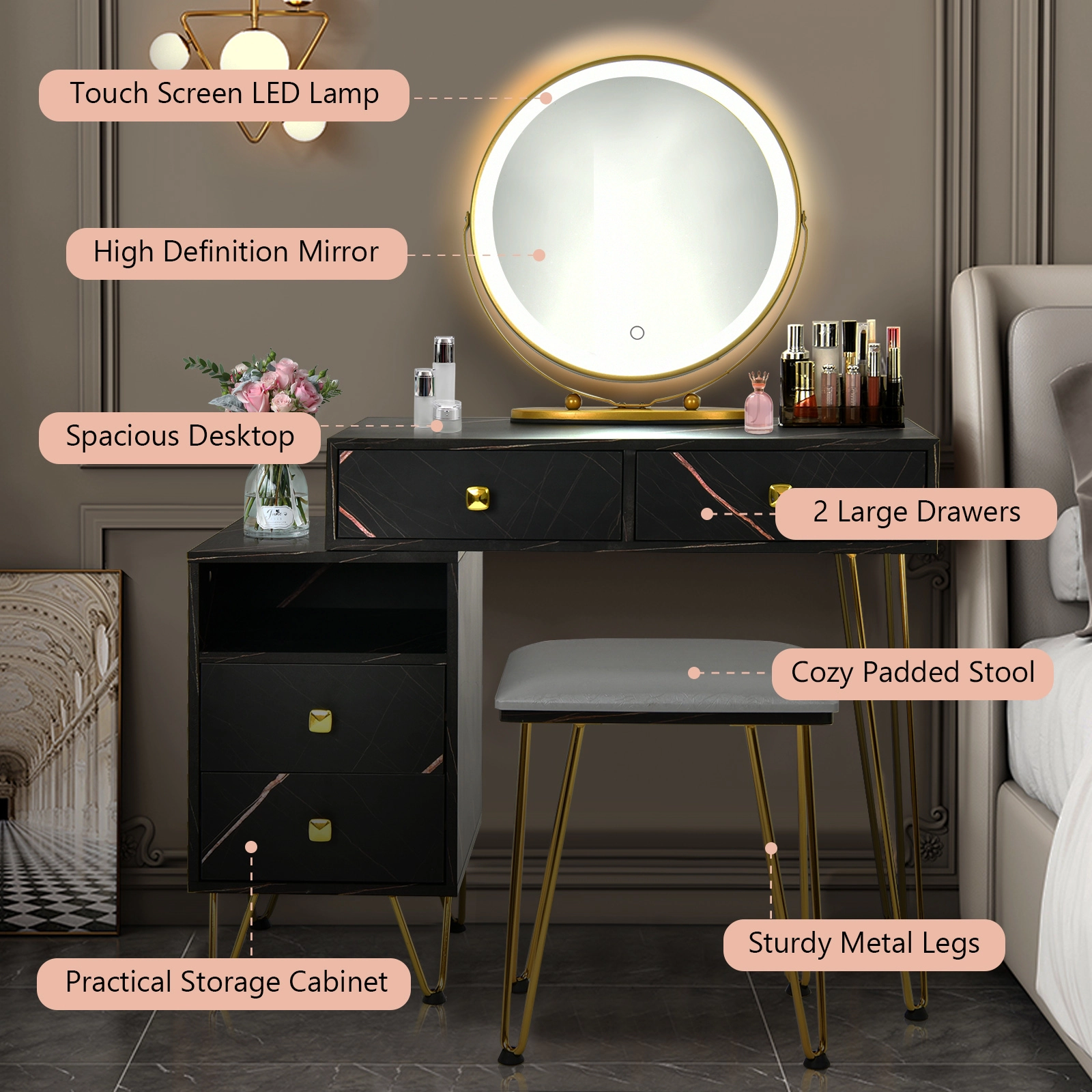 SUGIFT Modern Dressing Table with Storage Cabinet, Stool and LED Mirror 88-lb Table 220-lb Stool Capacity Black