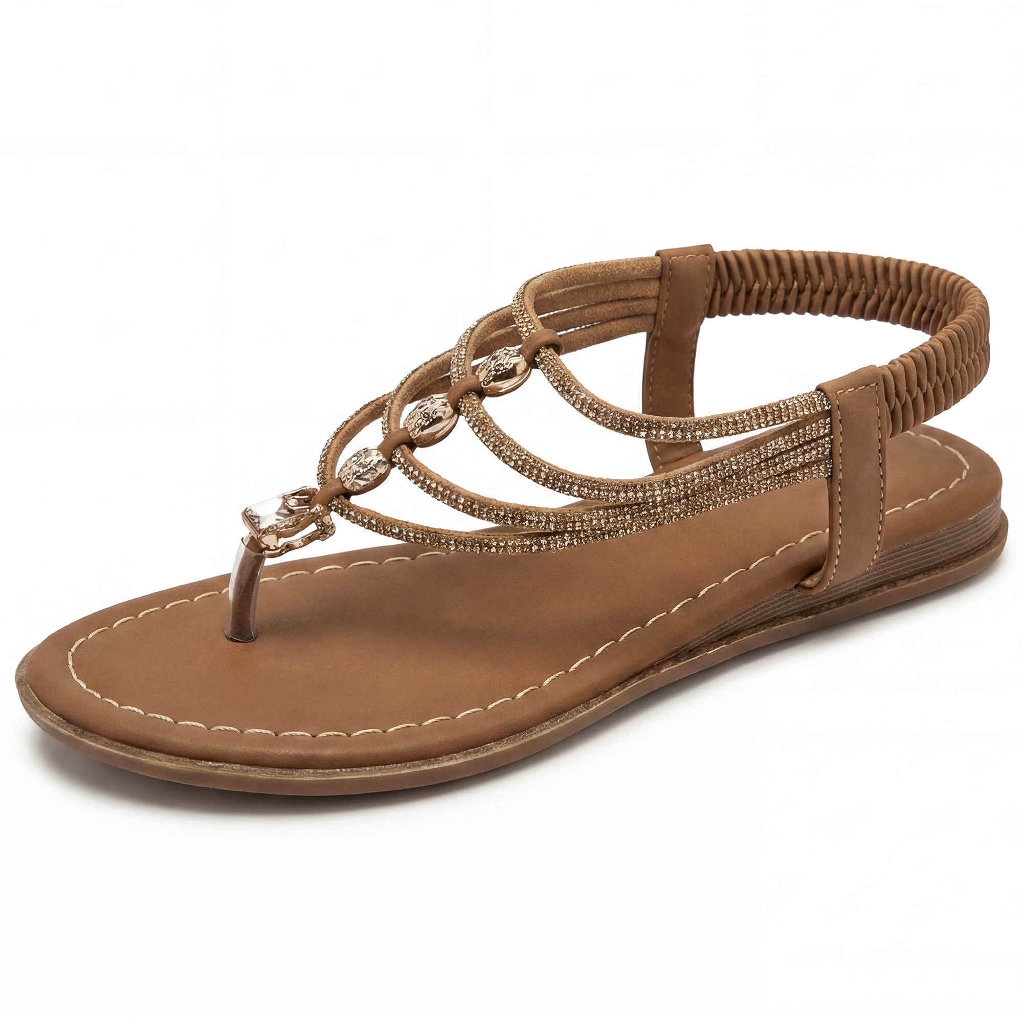BLISSFUL STEP Women Rhinestone T-Strap Elastic Back Strap Flat Sandals