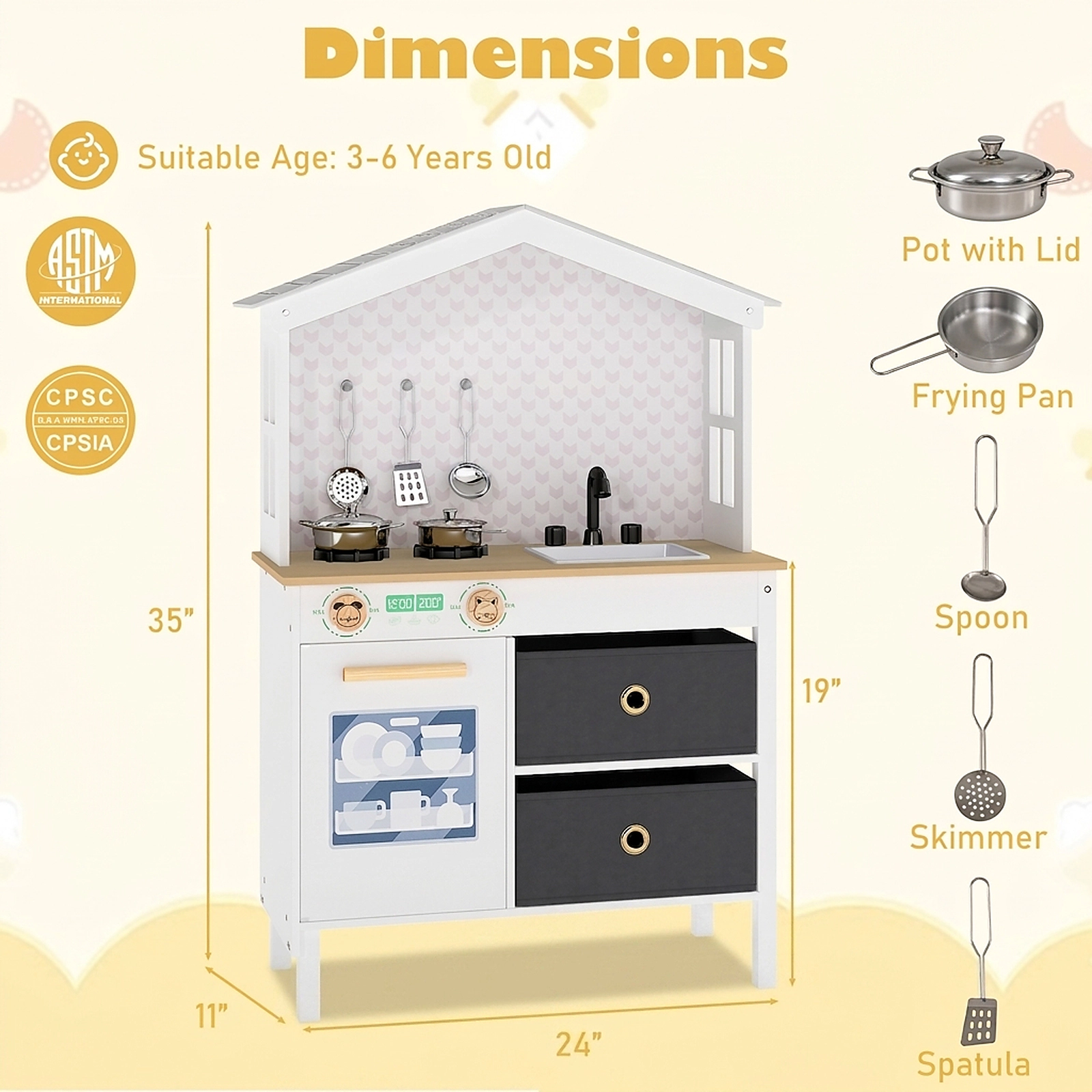 SUGIFT Kids Play Kitchen Toy Playset with 2 Stoves and Rotation Handles 35-in Tall Ages 3-6 Pink/White