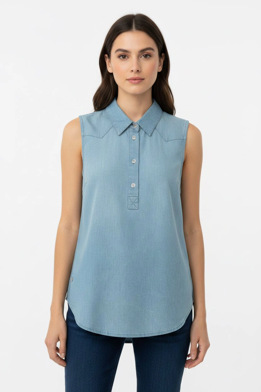 DressAtR Women's Light Blue Denim Sleeveless Collared Front Buttons Shirt