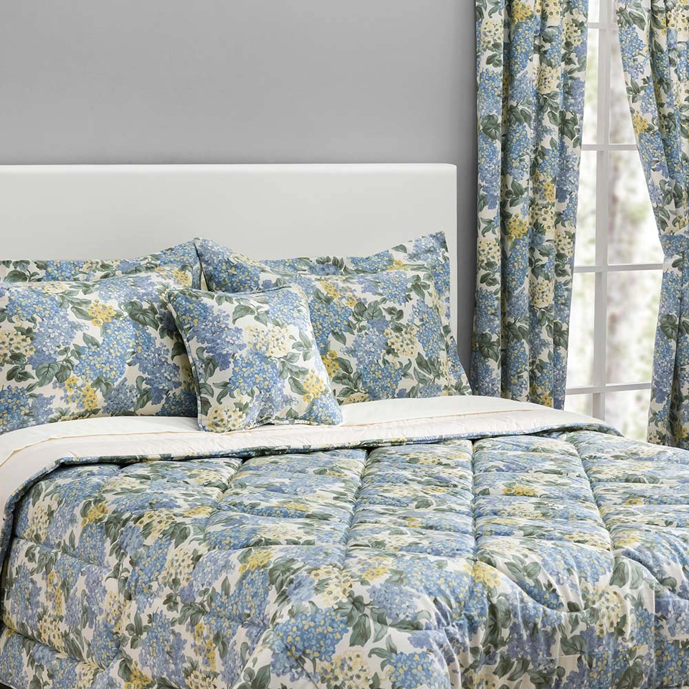 Ellis Hydrangea Classic Pattern Printed 1.5" Rod Pocket Window Tailored Pair with Ties 68"x54" Blue