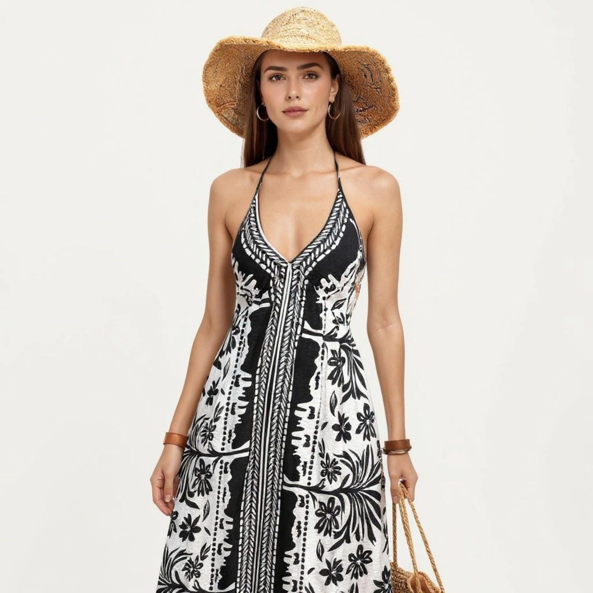 Anna-Kaci Women's Printed Halter Open Back Tie Maxi Dress