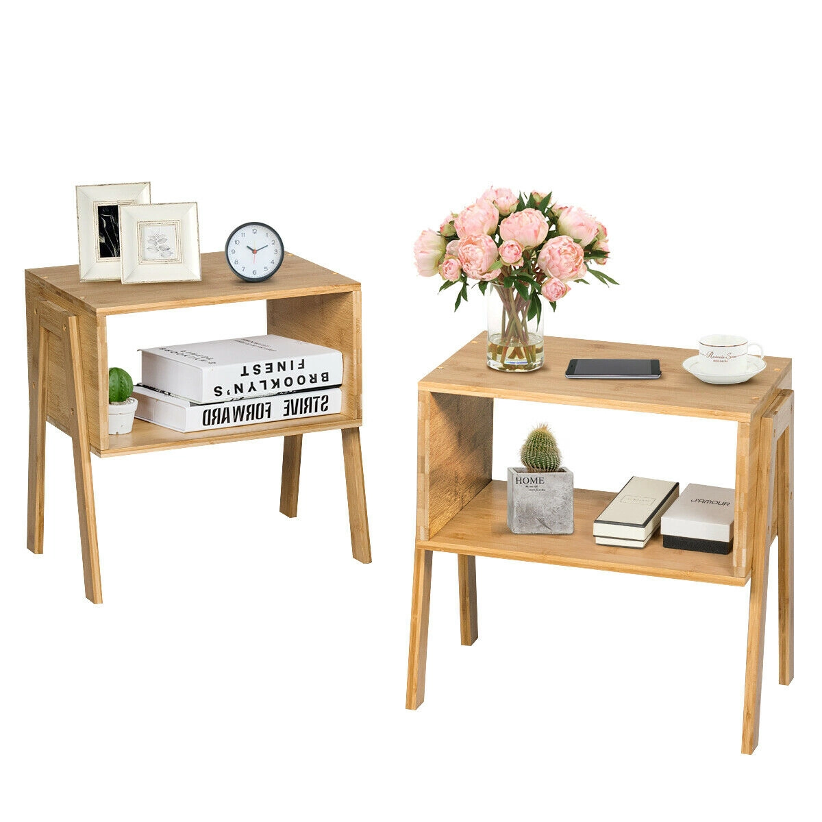 Glintex 2-Piece Stackable Bamboo Side Table Set with Open Storage Compartment, Natural