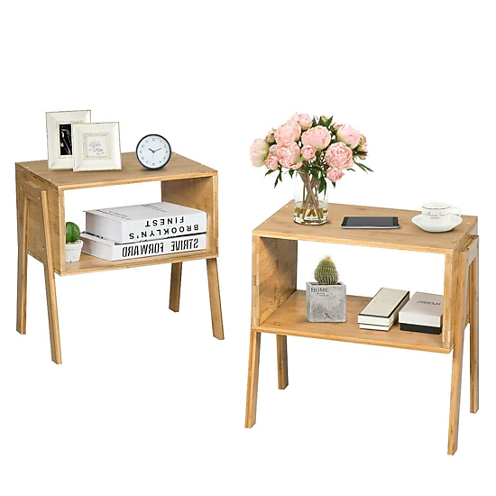 Glintex 2-Piece Stackable Bamboo Side Table Set with Open Storage Compartment, Natural