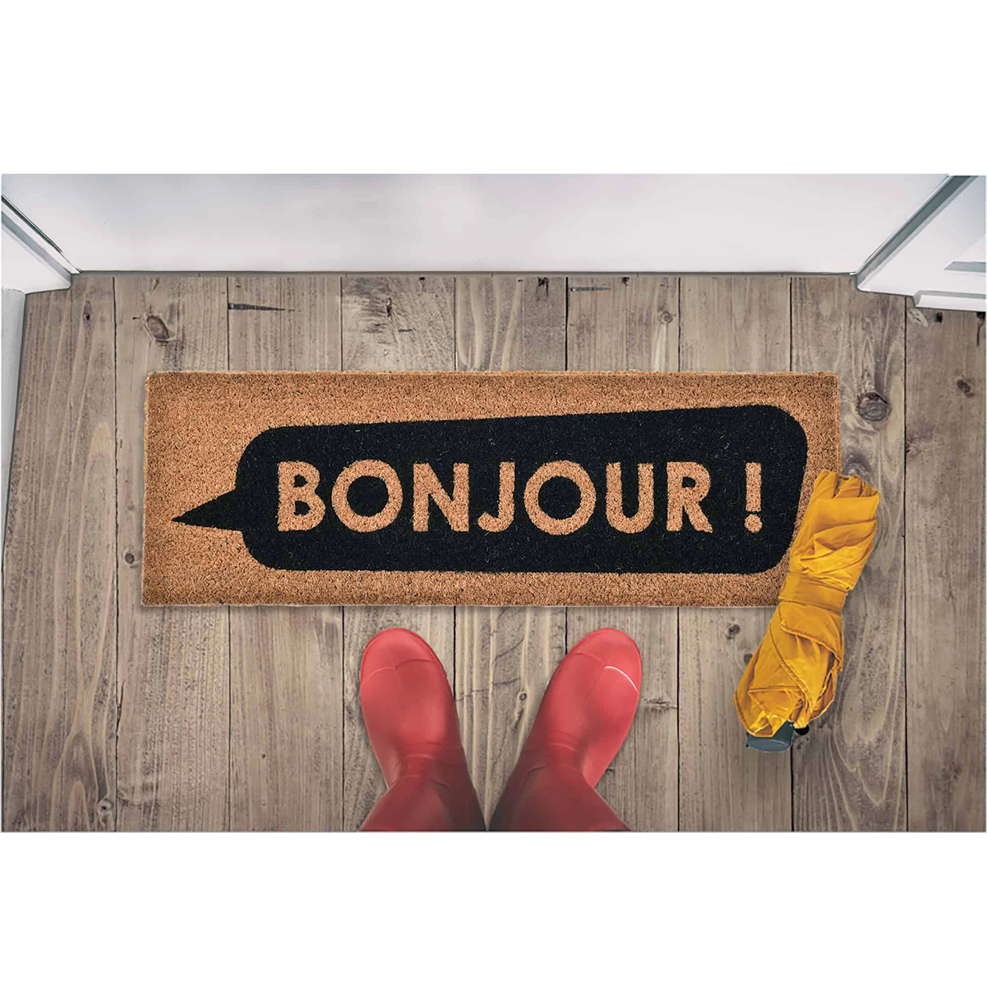 Evideco French Home Goods Natural and Black Bonjour Coir Doormat 30 x 10 Inches