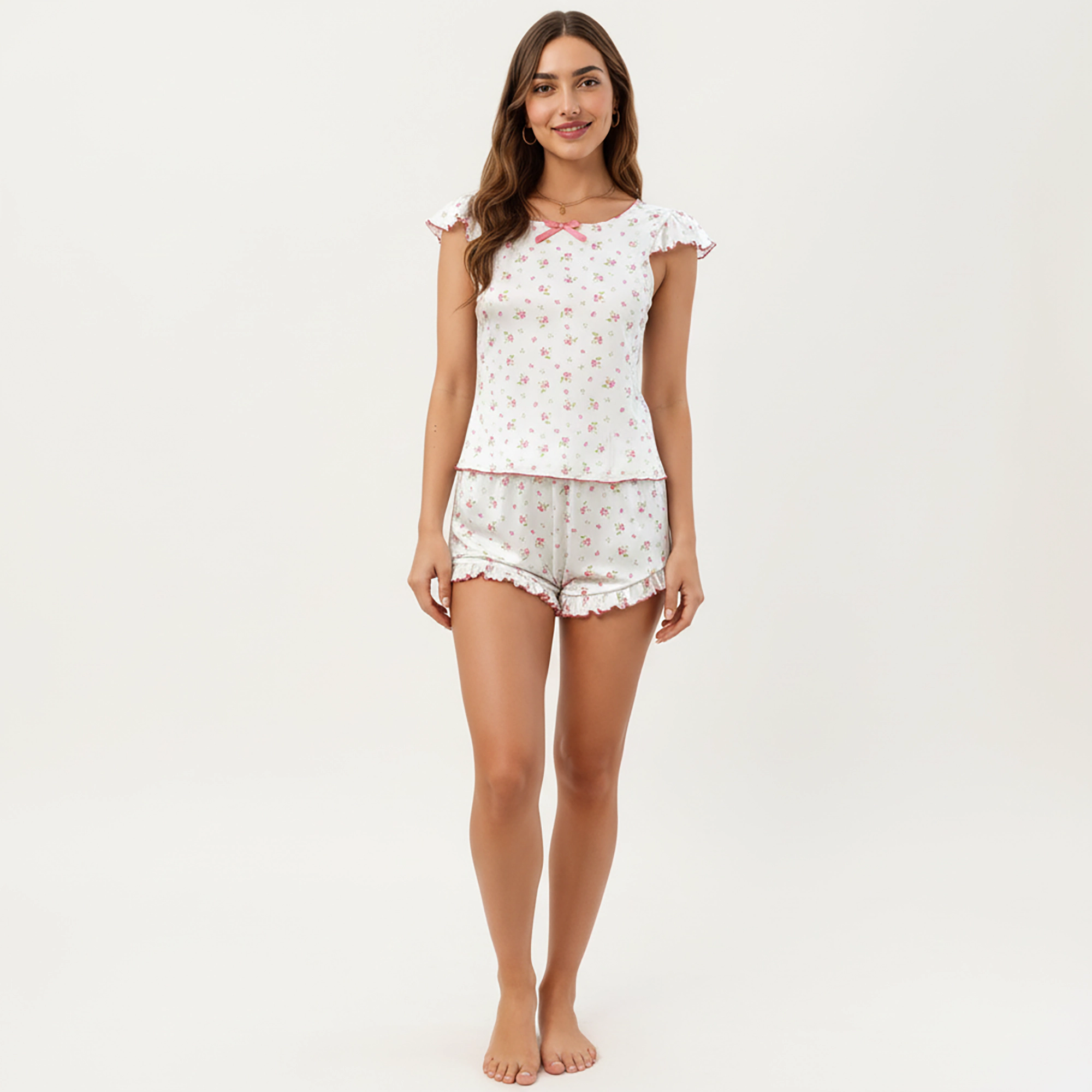 Anna-Kaci Women's Floral Print Short Sleeve Sleepwear Set with Ruffled Hem and Contrast Trim