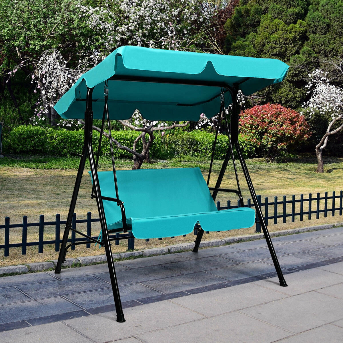 LJG Loveseat Cushioned Patio Steel Frame Swing Glider -Black