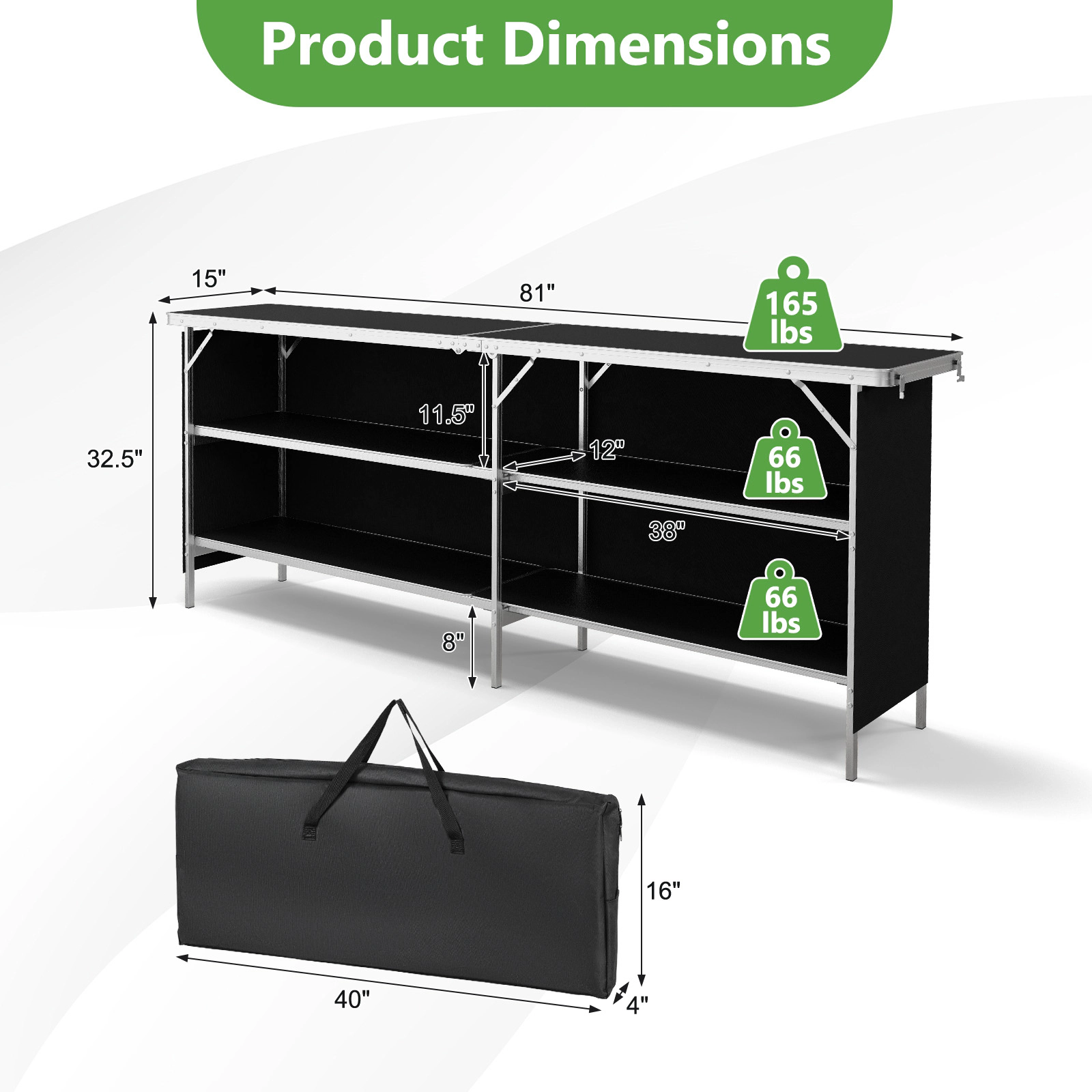 SUGIFT 81-in Aluminum Picnic Table with 2-Tier Open Shelves 132-lb Tabletop Capacity 33-lb Shelf Capacity Black Coffee