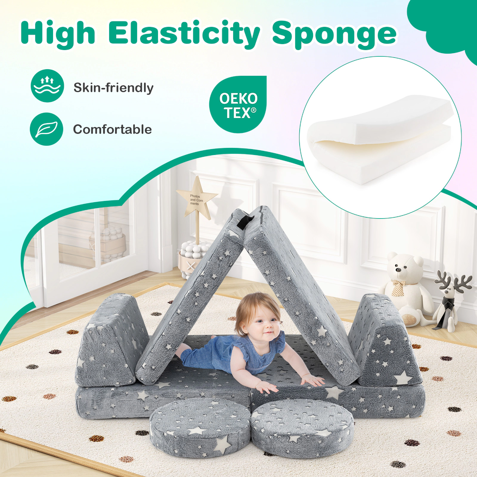 SUGIFT Glow in the Dark Modular Kids Play Couch Set Convertible Lounger Chairs and Beds 3+ Years Gray