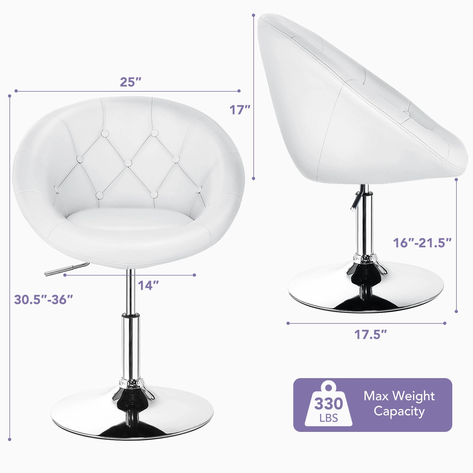 SUGIFT Adjustable Height 330-lb Capacity White Tufted Round Back Swivel Accent Chair with Chrome Frame