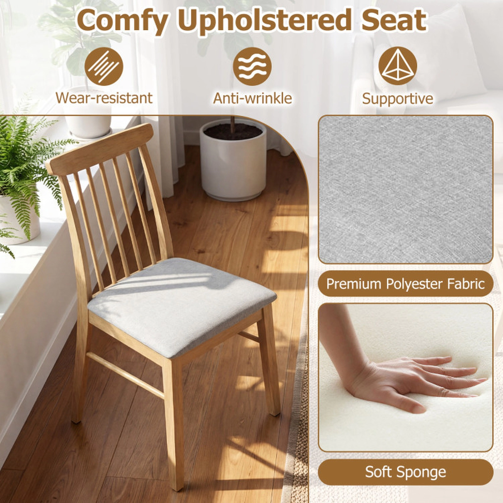 SUGIFT Fabric Upholstered Dining Chair Set of 2 Armless Rubber Wood Frame 330-lb Capacity 36-in Tall Gray + Natural