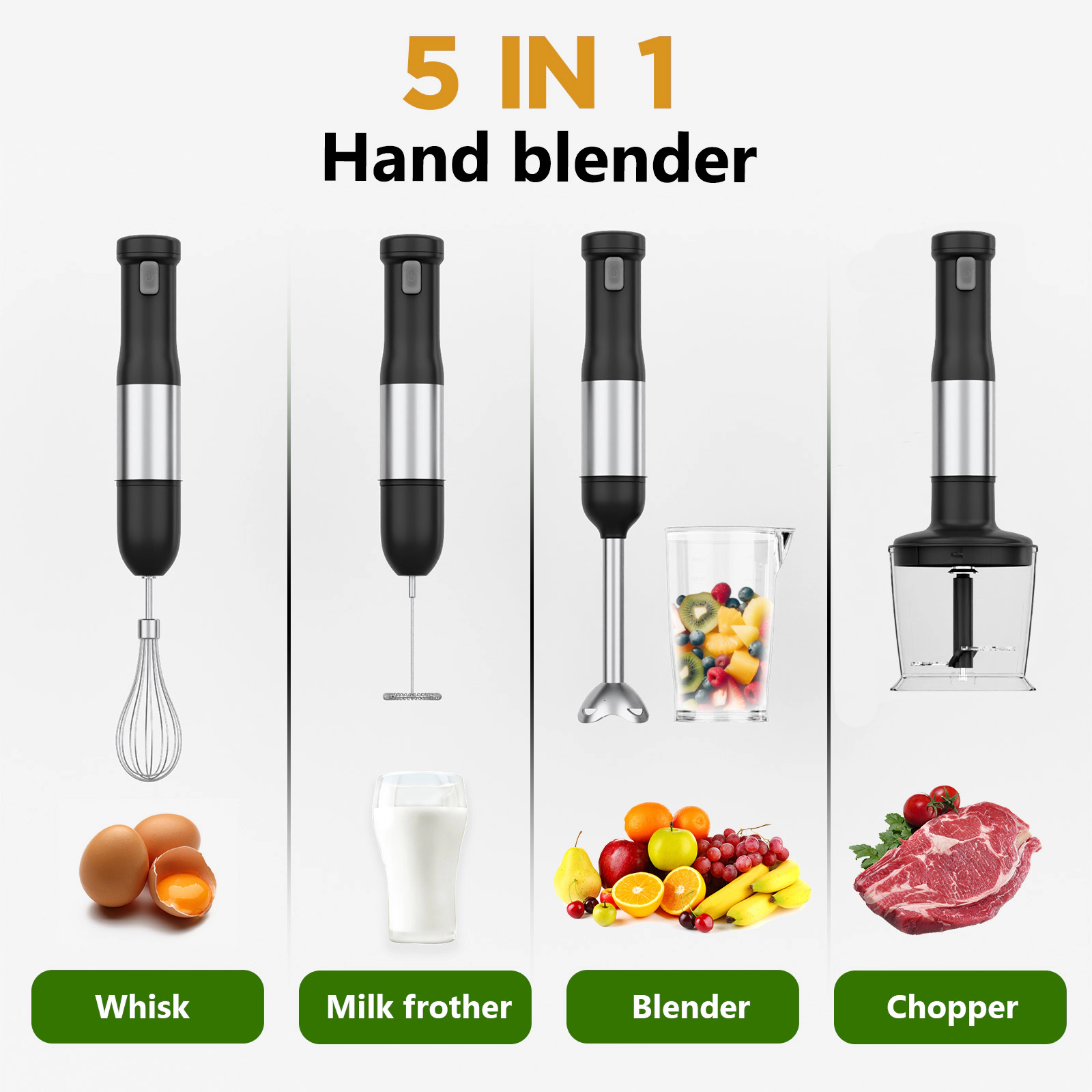 WHALL Cordless Immersion Hand Blender, 5-in-1 Rechargeable Stick Blender with Variable Speed, Stainless Steel Blade