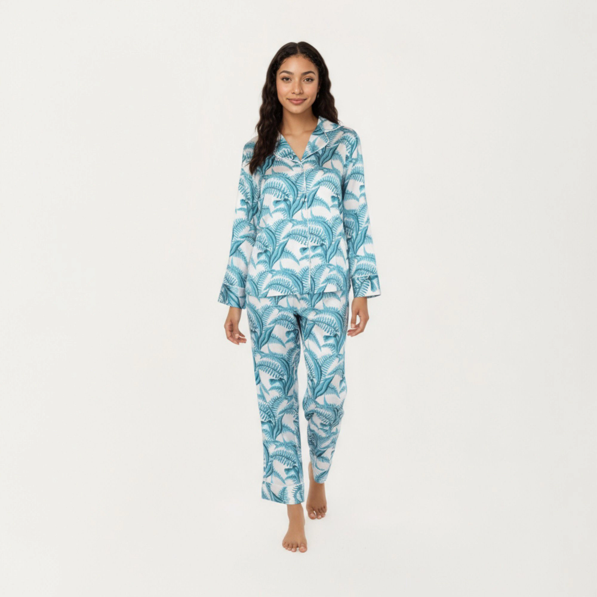 Anna-Kaci Women's 2-Piece Long Sleeve Button Front Pajama Set with Tropical Leaf Print and Soft Silky Fabric