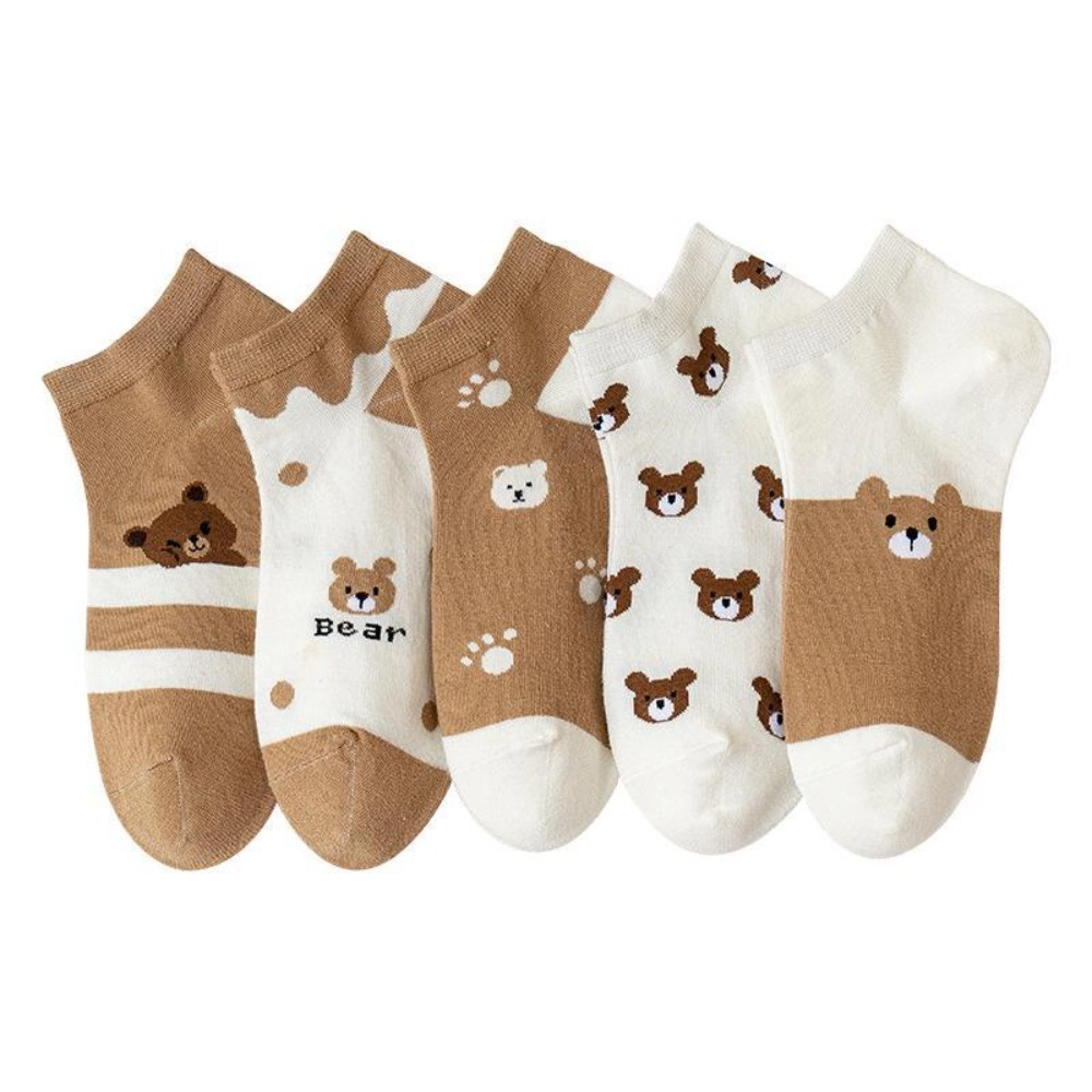 Wardrobe Whimsy 5 Pairs Women's Bear Cartoon Ankle Socks No Show Low Cut Cute Sock