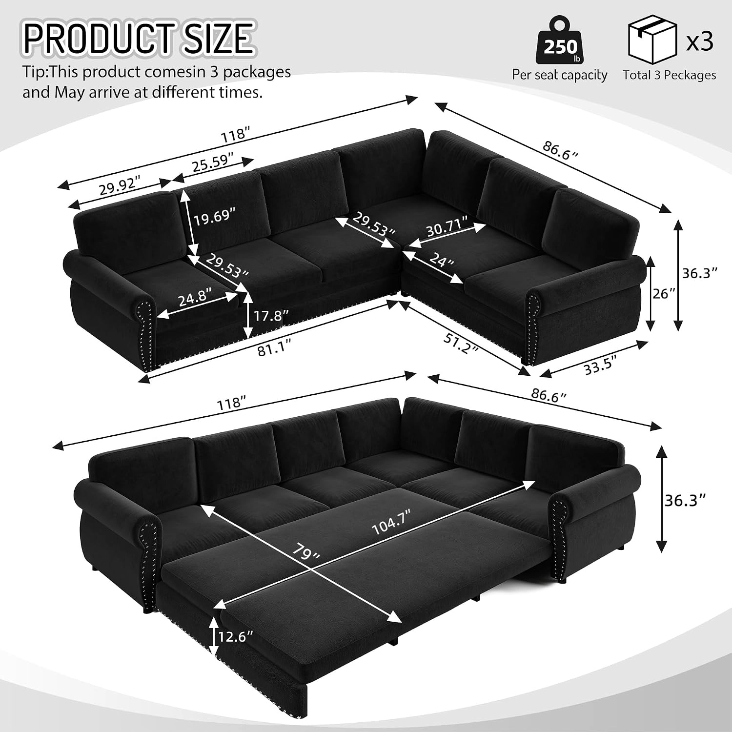 RENDGO 118 L Shaped Sectional Sleeper Sofa with Pull Out Bed