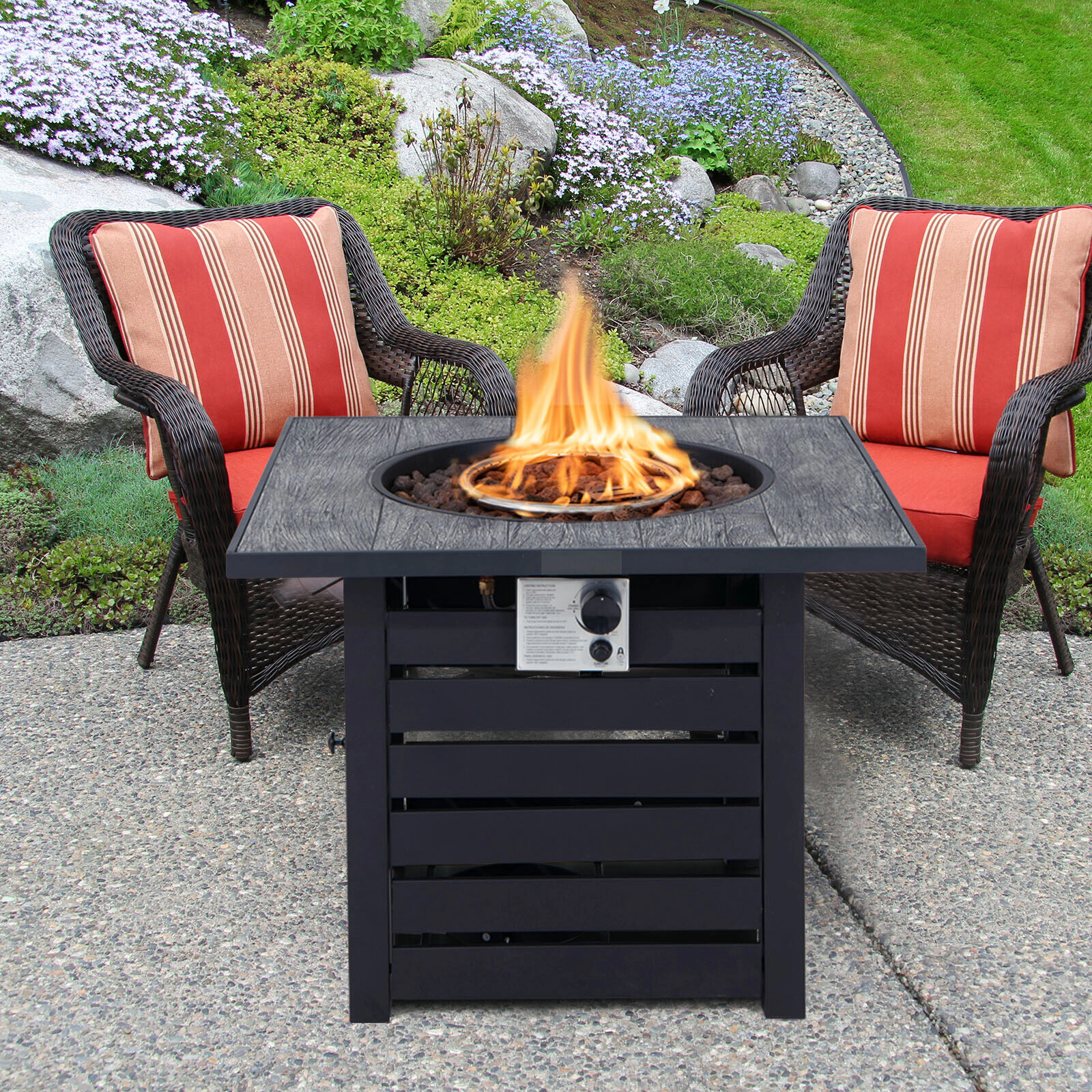 SUGIFT Square Propane Fire Pit Table 150-lb Tabletop Capacity with Lava Rocks and Rain Cover Black