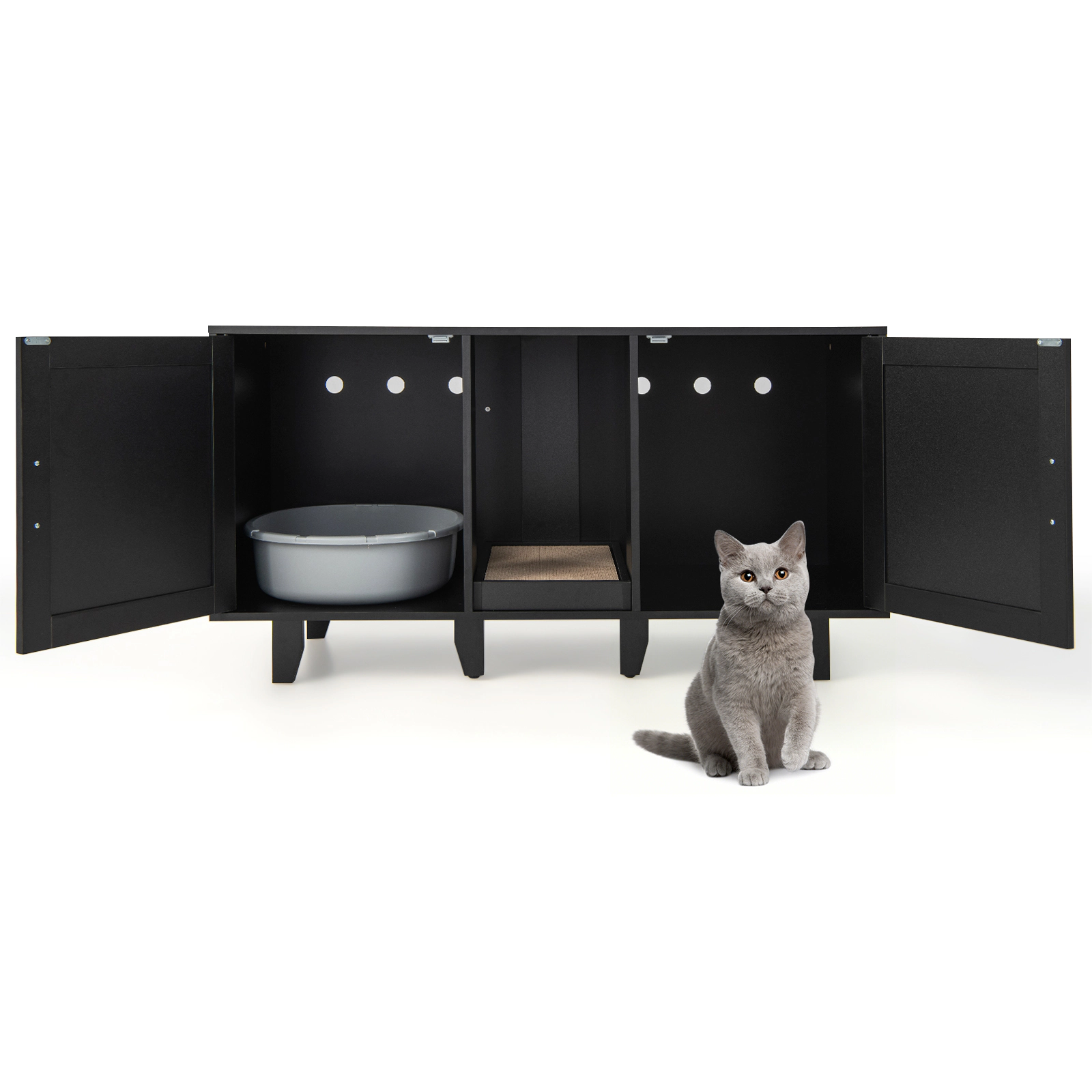 SUGIFT Patented 2-Door Cat Litter Box Enclosure with Winding Entry and Scratching Board 44-lb Tabletop Capacity