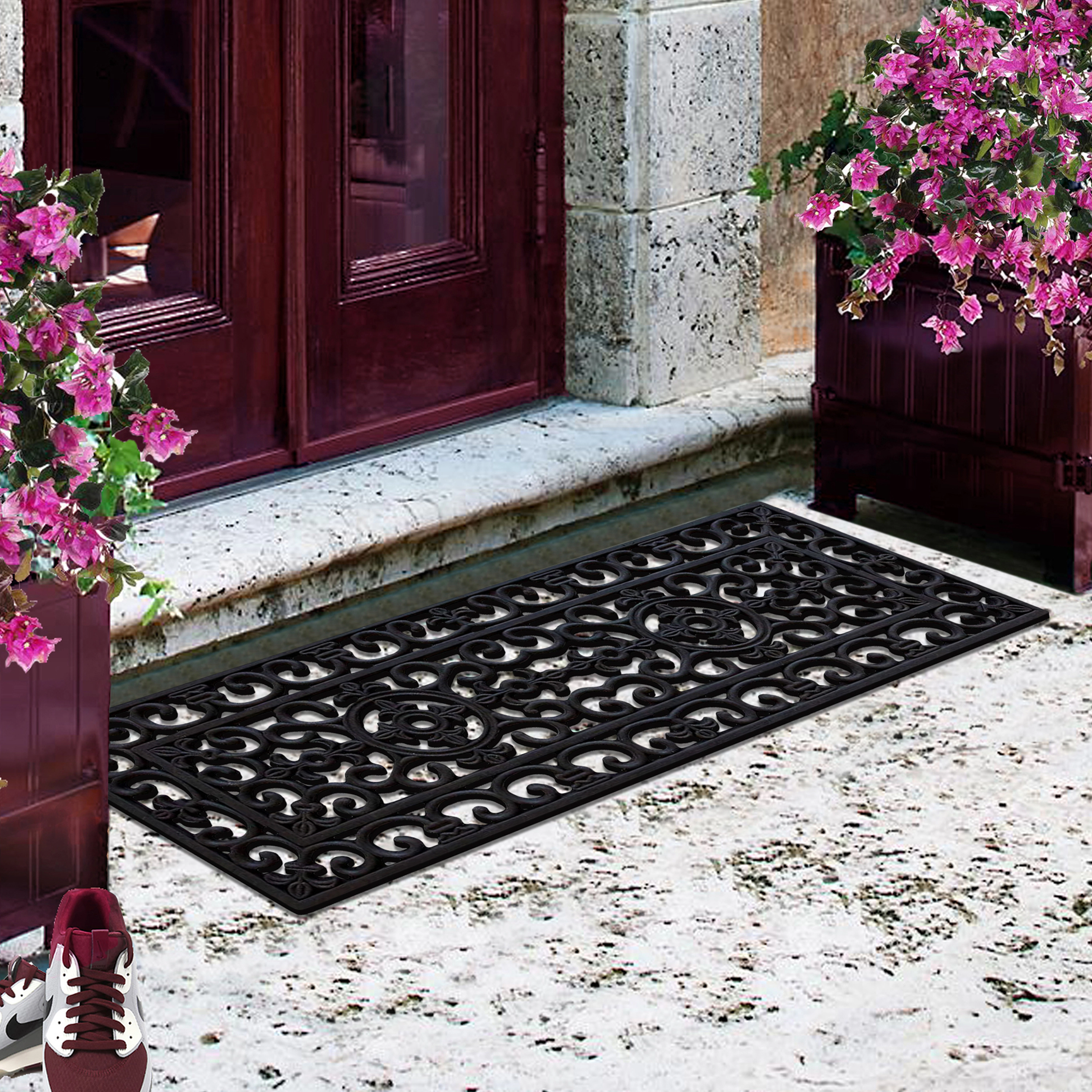 A1 Home Collection 8 lb Heavy Duty Rubber Outdoor Doormat Non-Slip Dirt Scraper Mat, Black Paisley, 18 x 48 Inches