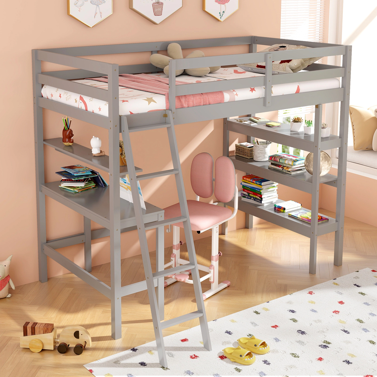 SUGIFT Gray Desk and Bookshelves Twin Size Kids and Teens Loft Bed