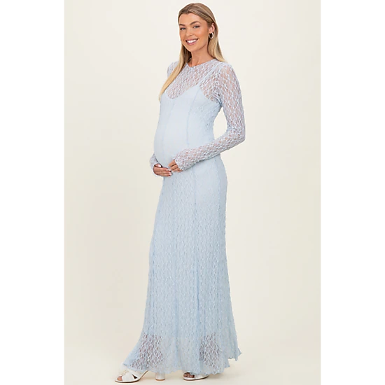 PinkBlush Womens Lace Mock Neck Long Sleeve Maternity Maxi Dress
