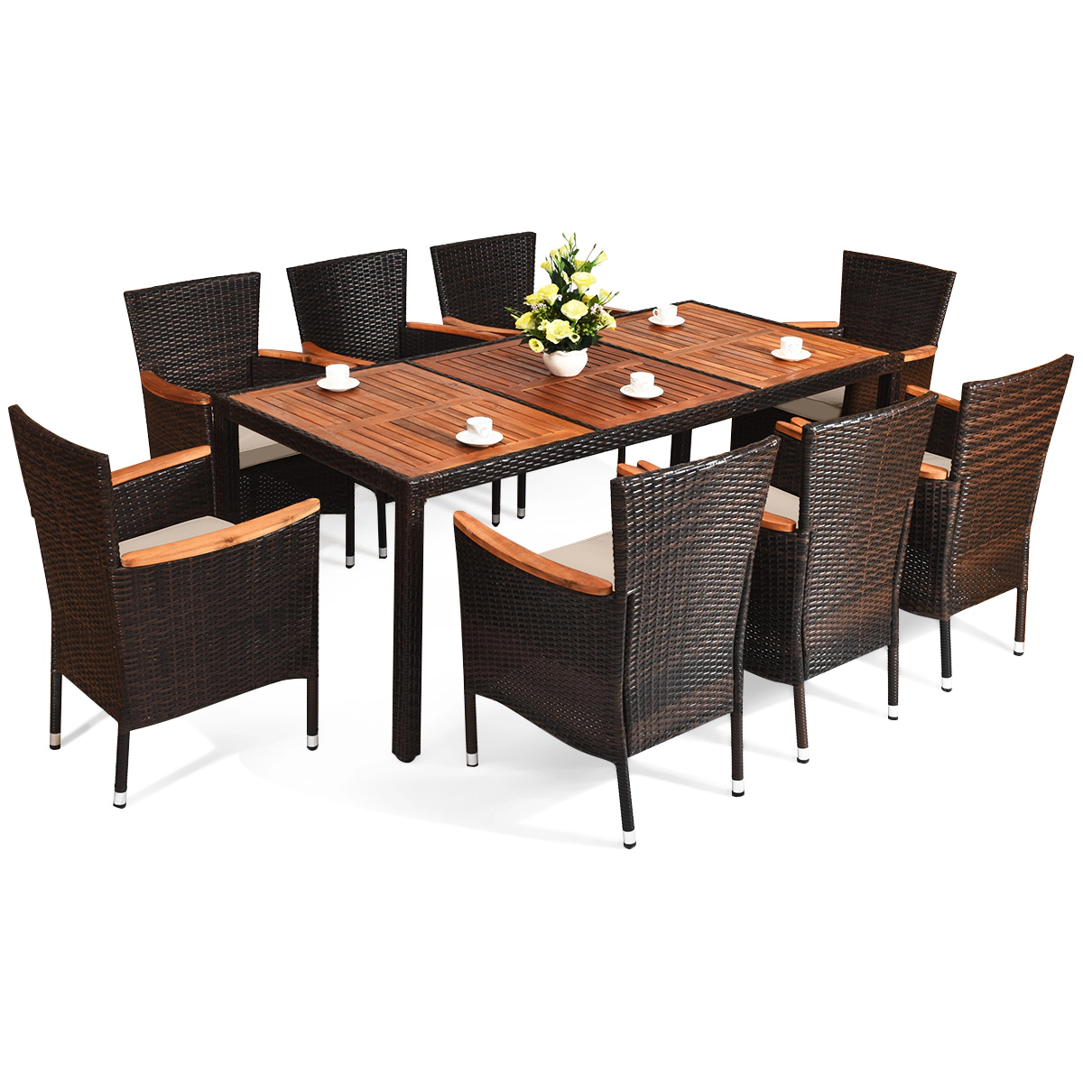 SUGIFT 9-Piece Stackable Rattan Chairs Acacia Wood Table Outdoor Dining Set 75-in x 36-in 250-lb Capacity Mix Brown