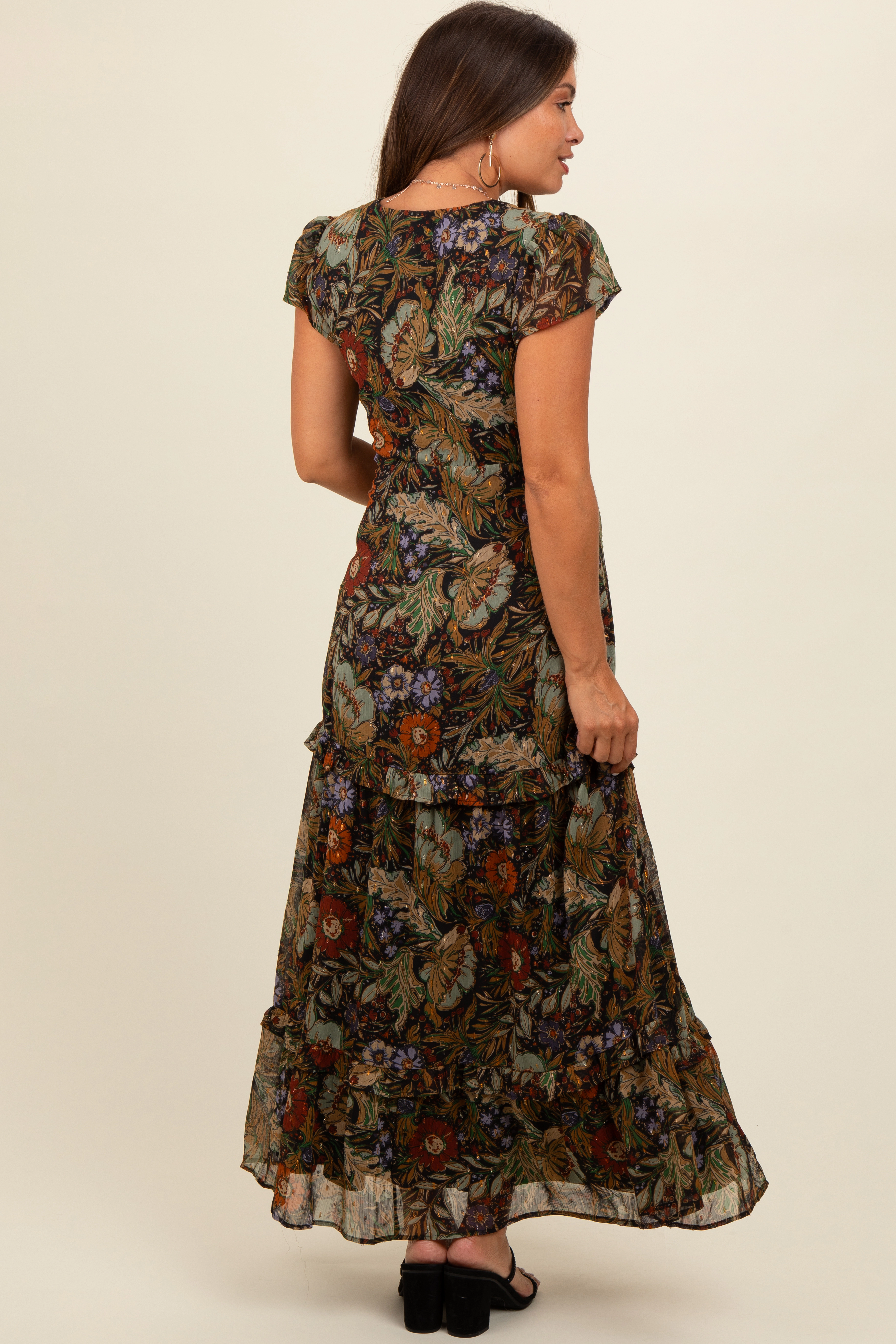 PinkBlush Womens Black Floral Deep V-Neck Tiered Maternity Maxi Dress