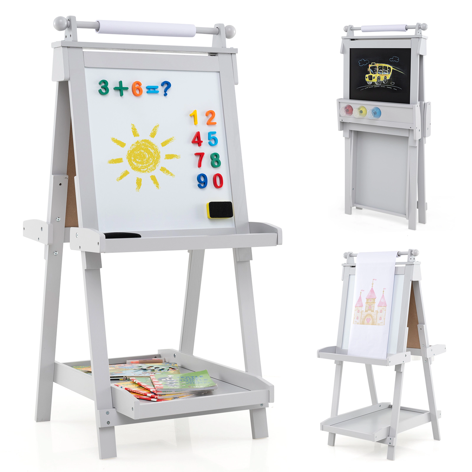 SUGIFT 3-in-1 Double-sided Kids Art Easel with Chalkboard and Magnetic Whiteboard 33-lb Tool Tray Capacity 3+ Years Gray