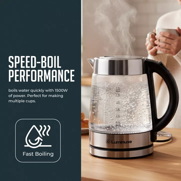 Luminuxe 1.7L Electric Kettle, Speed-Boil Glass Electric Water Boiler & Warmer, Auto Shut-Off Cool Touch Handle