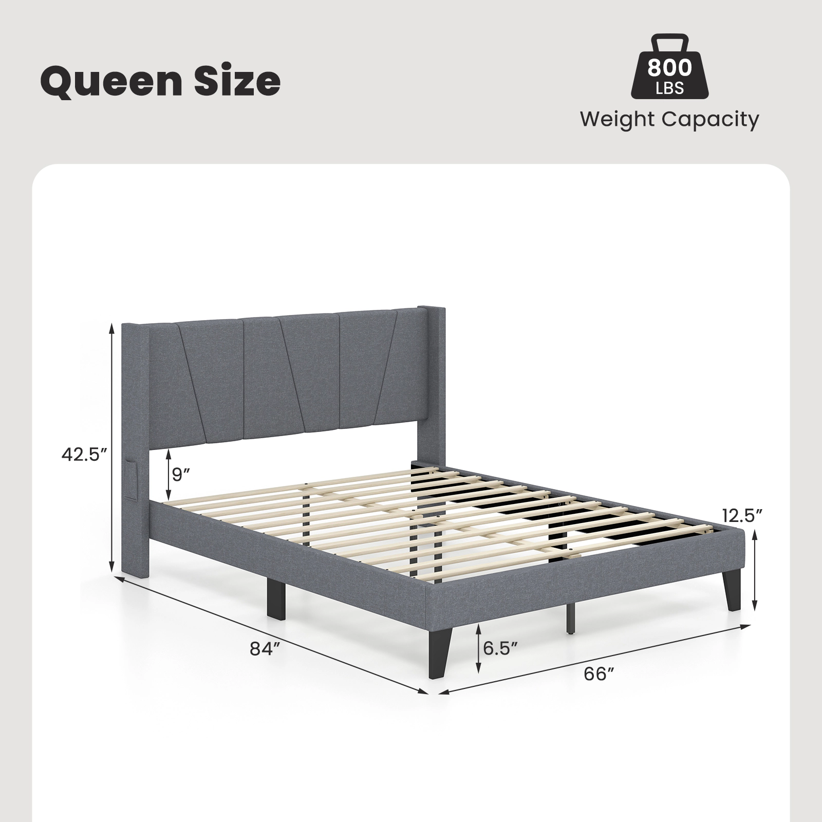 SUGIFT Gray Wingback Headboard and Wood Slat Support Queen Size Upholstered Bed Frame
