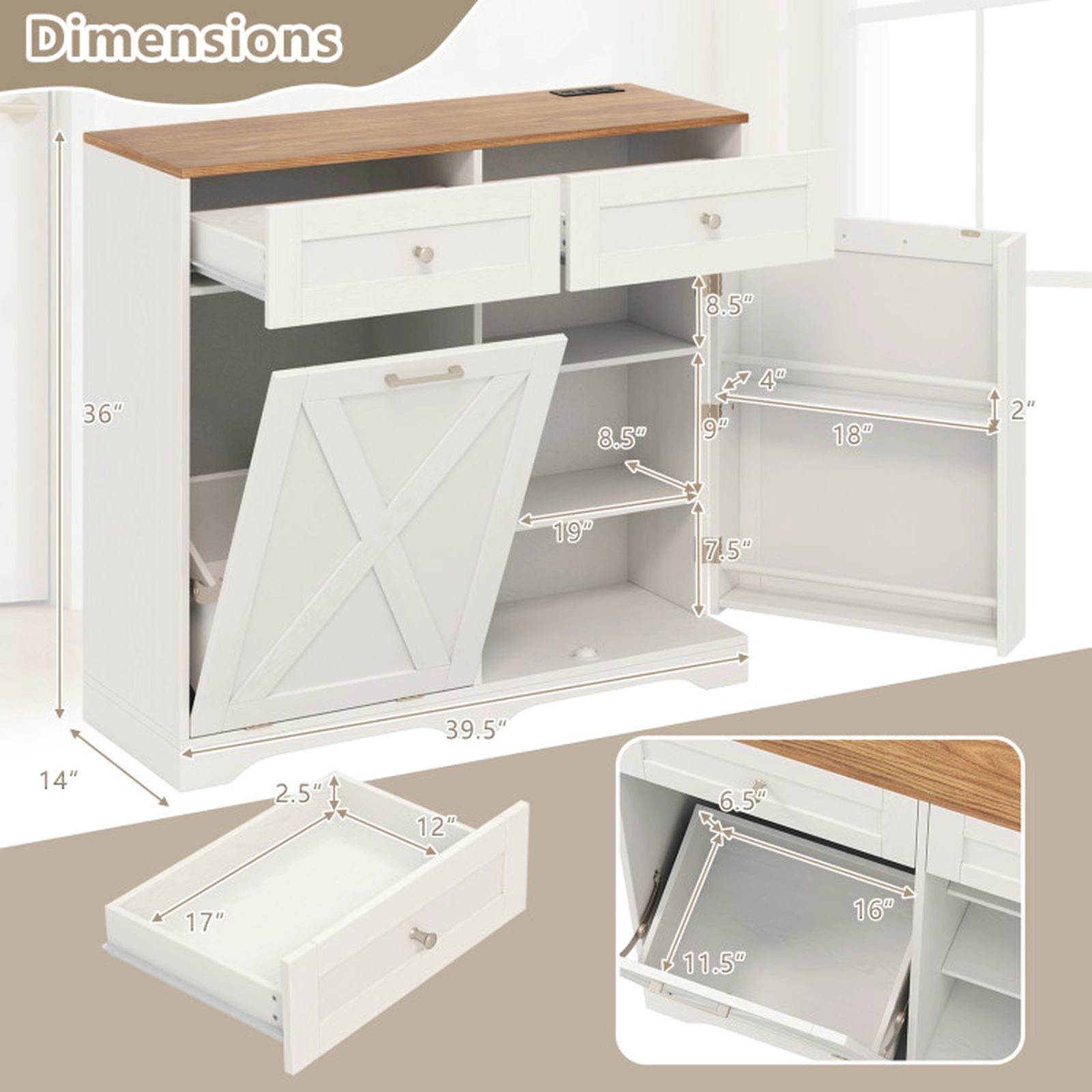 SUGIFT Tilt Out Trash Can Cabinet Sideboard with Power Outlets and Shelf 100-lb Countertop 35-lb Trash Can Holder
