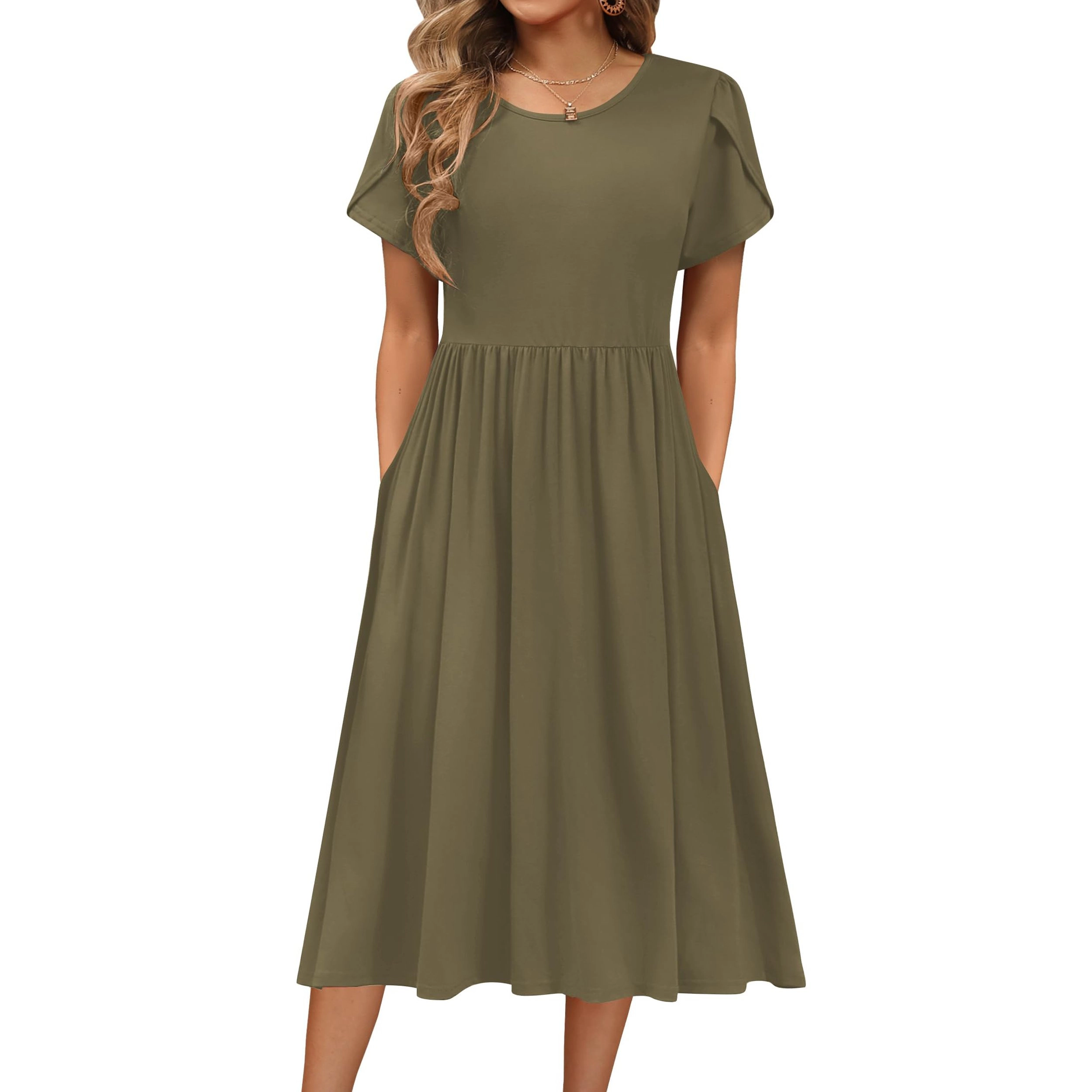 Zeagoo Women's Round Neck Short Sleeve Midi Dress