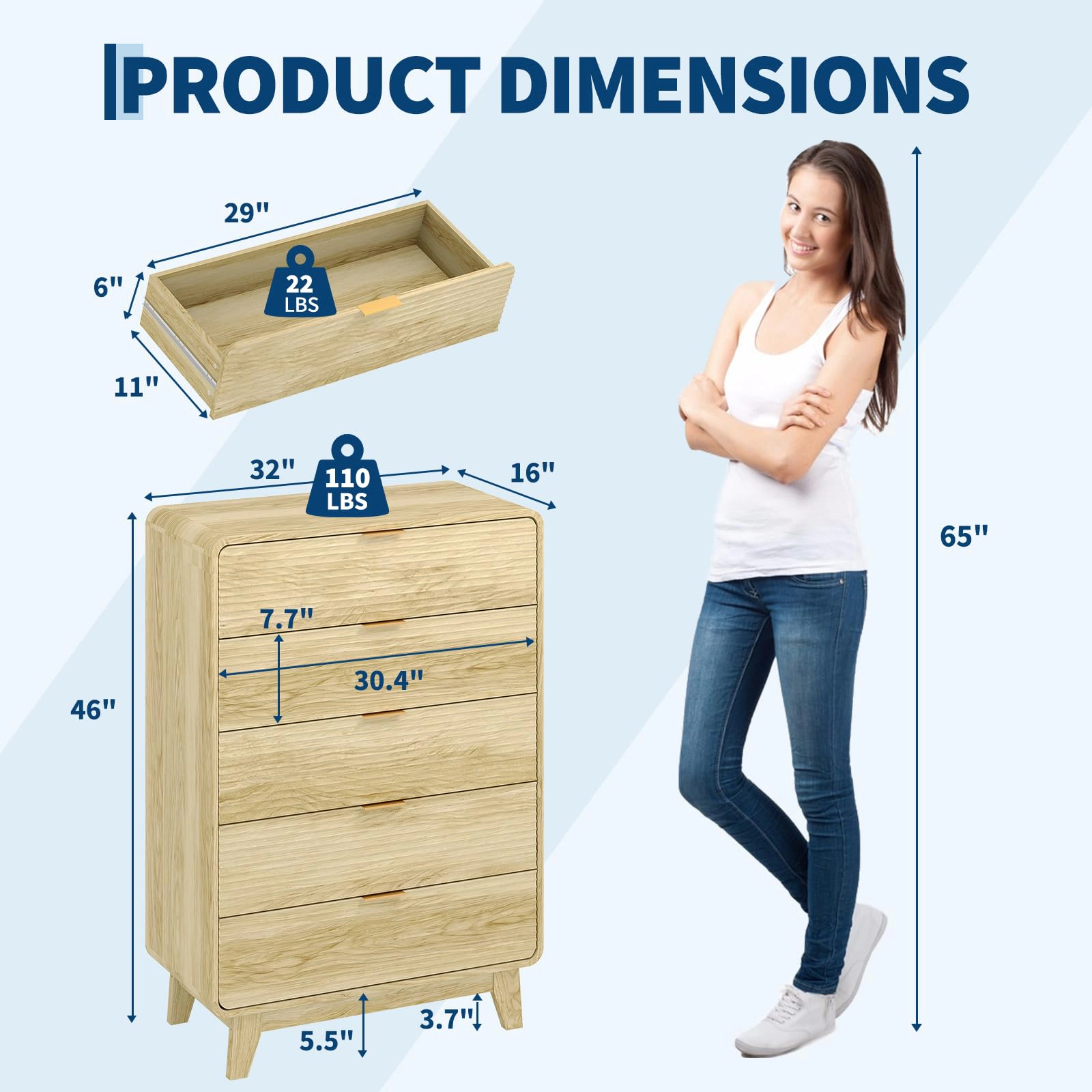 Fluted 5-Drawer Dresser with Gold Handles, 46" Tall Wood Storage Cabinet, Curved Profile Design