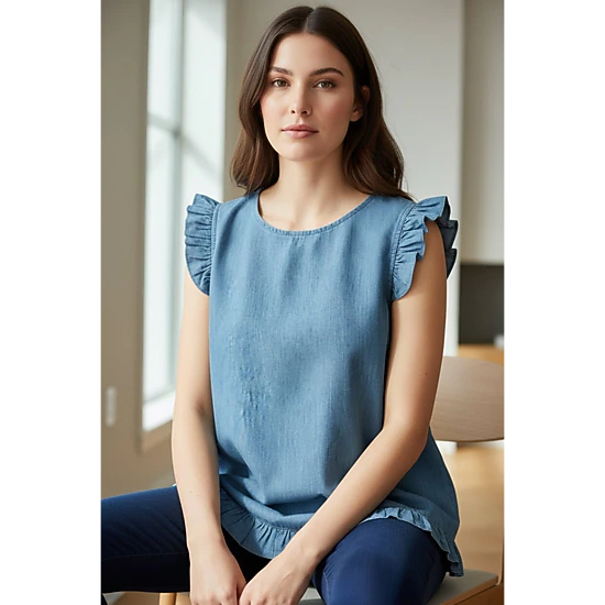 DressAtR Women's Blue Denim Ruffle Sleeveless Round Neck Back Button Blouse