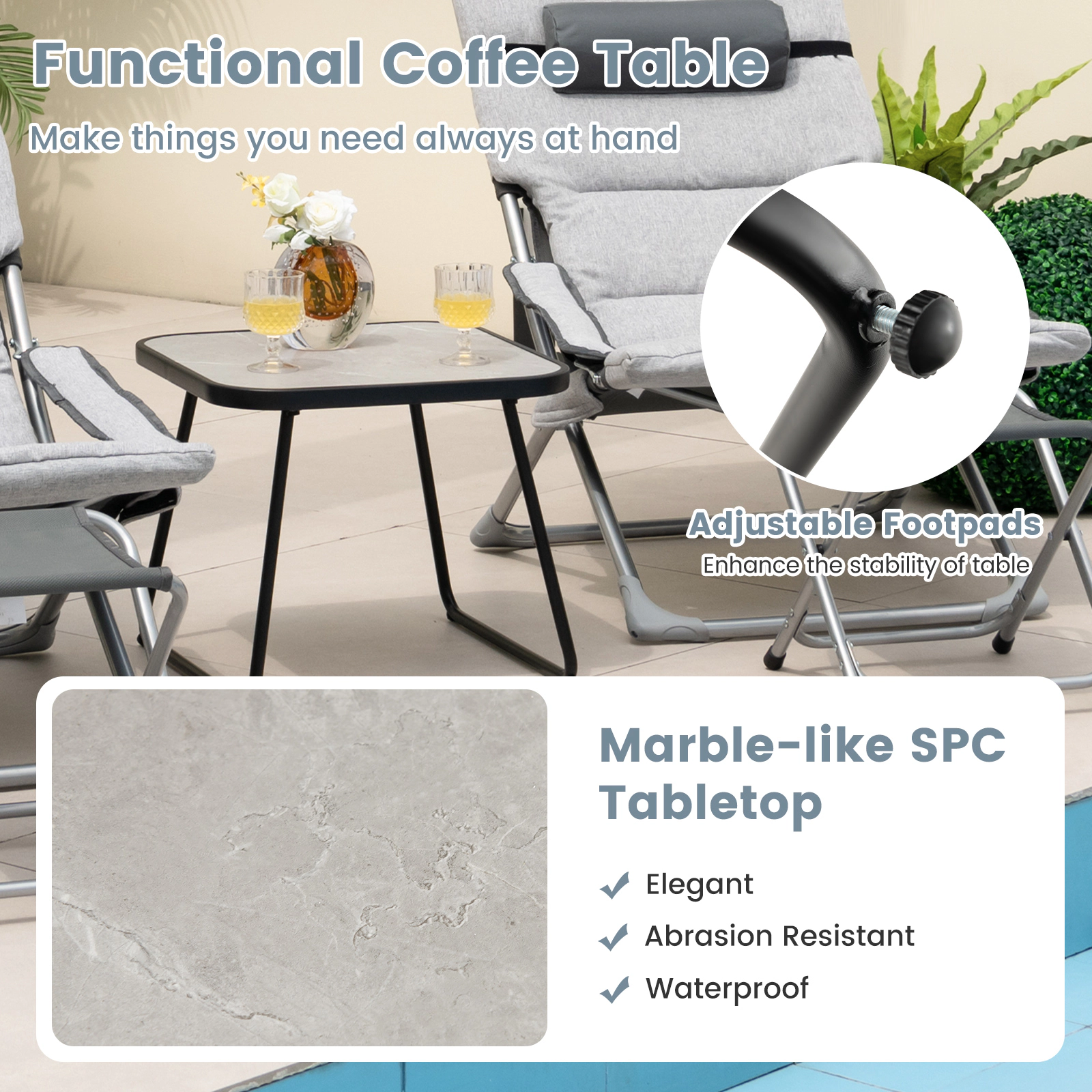SUGIFT 5-Piece Gray Folding Patio Sling Lounge Set with 2 Footrests and Coffee Table
