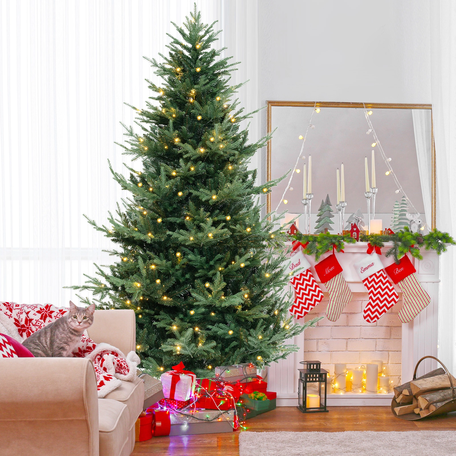 SUGIFT 8-ft Pre-Lit Hinged Artificial Christmas Tree with 1480 PVC and PE Branch Tips 450 LED Lights 4 Sections Green