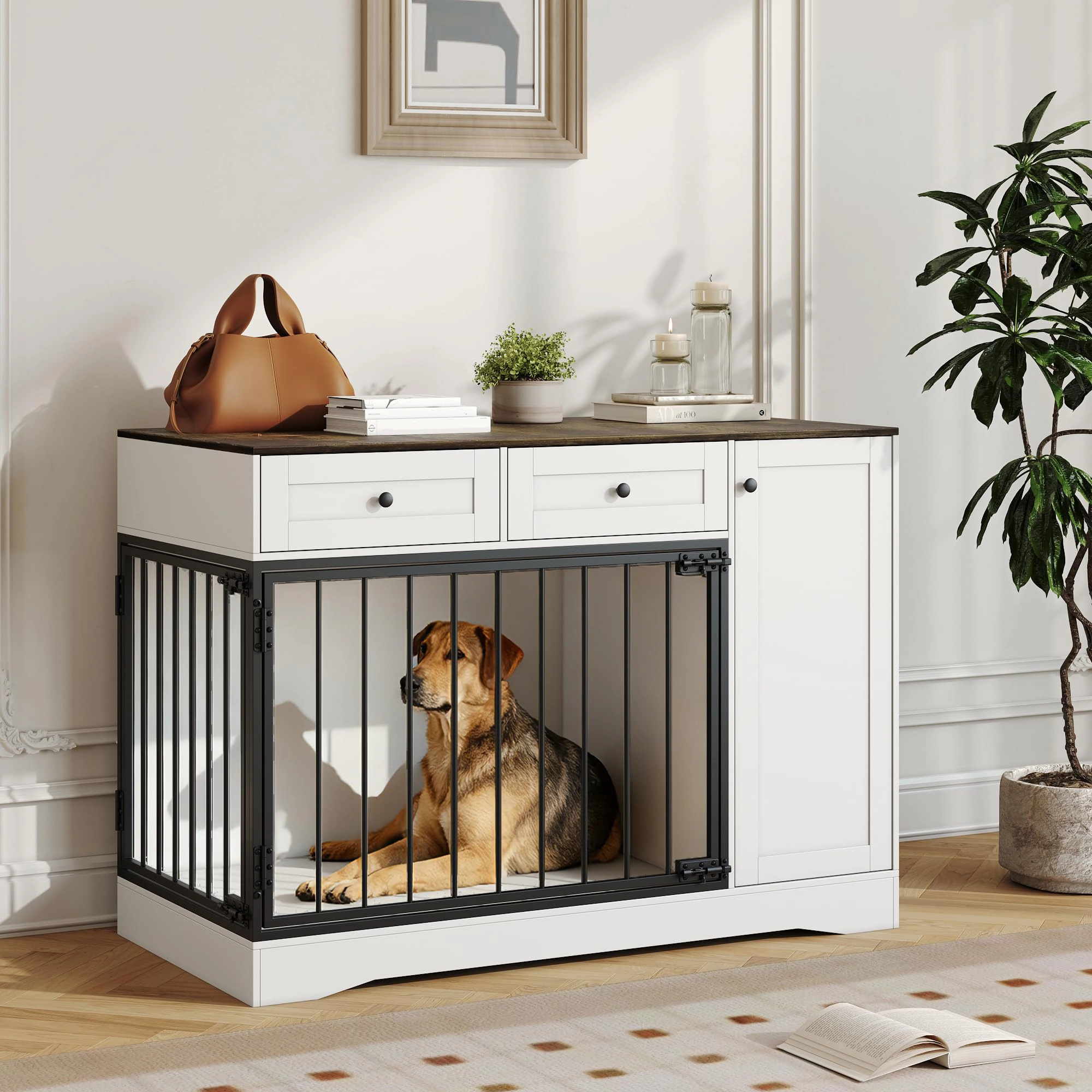47" Farmhouse Dog Crate Furniture End Table with Double Doors, 2 Drawers & Cabinet, Chew-Resistant Kennel for Small Dogs