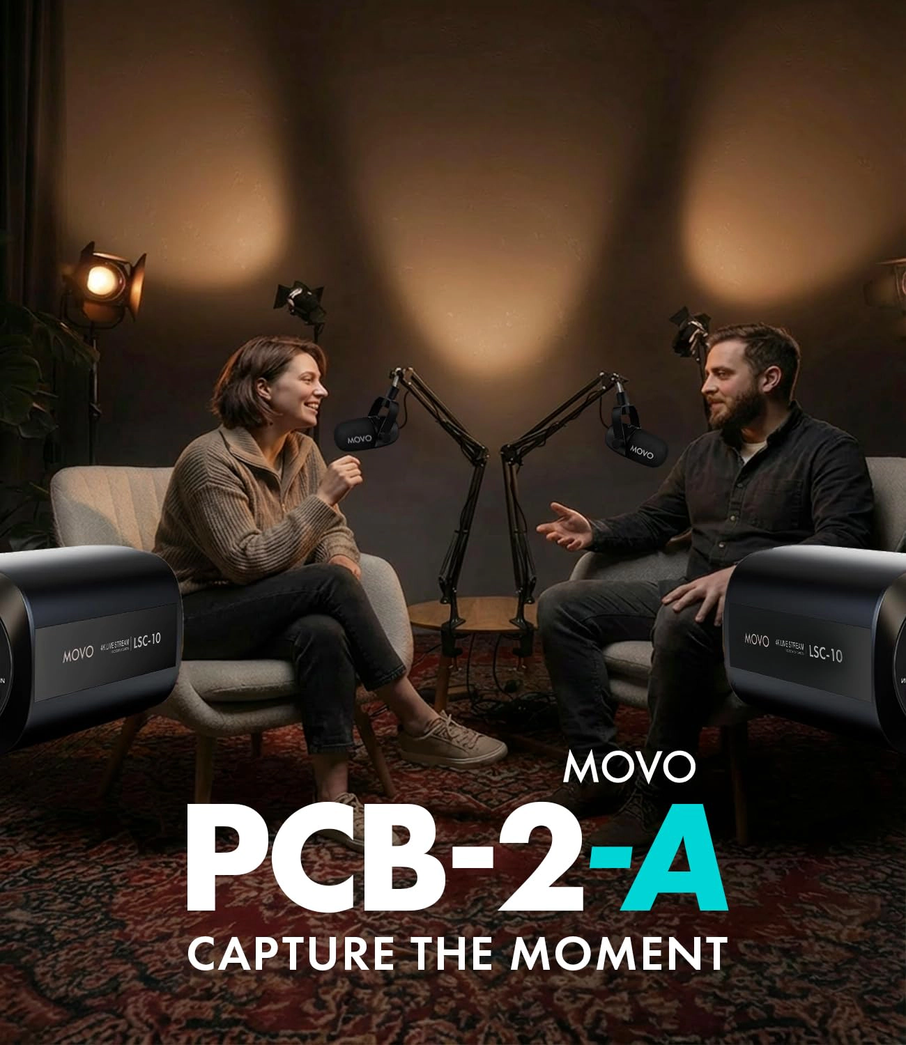 Movo Video Podcast Equipment Bundle – USB Audio Interface, 2 XLR Dynamic Microphones, 2 4K Cameras, 2 Boom Arms