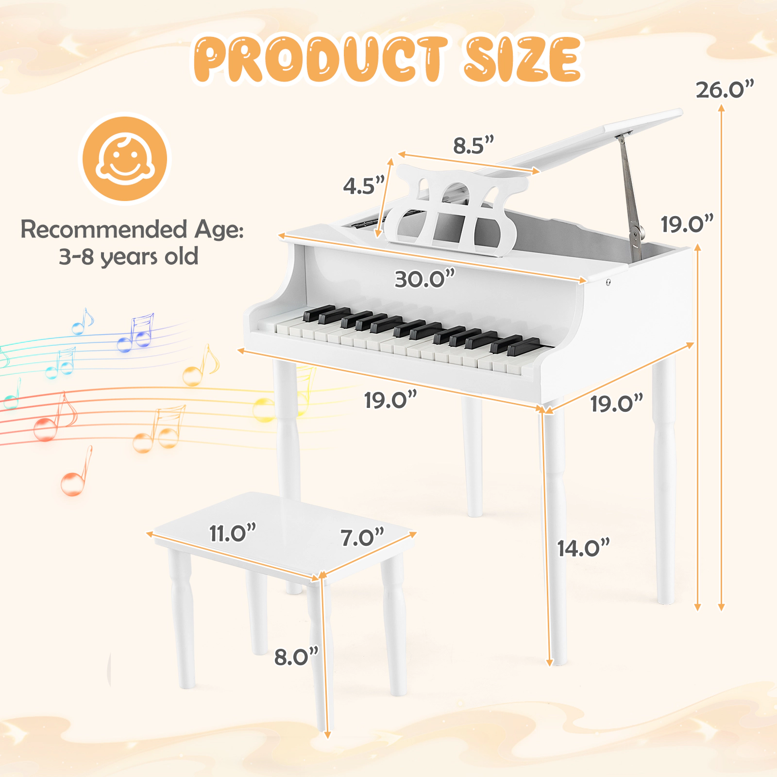 SUGIFT White 30-Key Wood Kids Grand Piano with Bench Music Rack and Child-Friendly Curved Angles