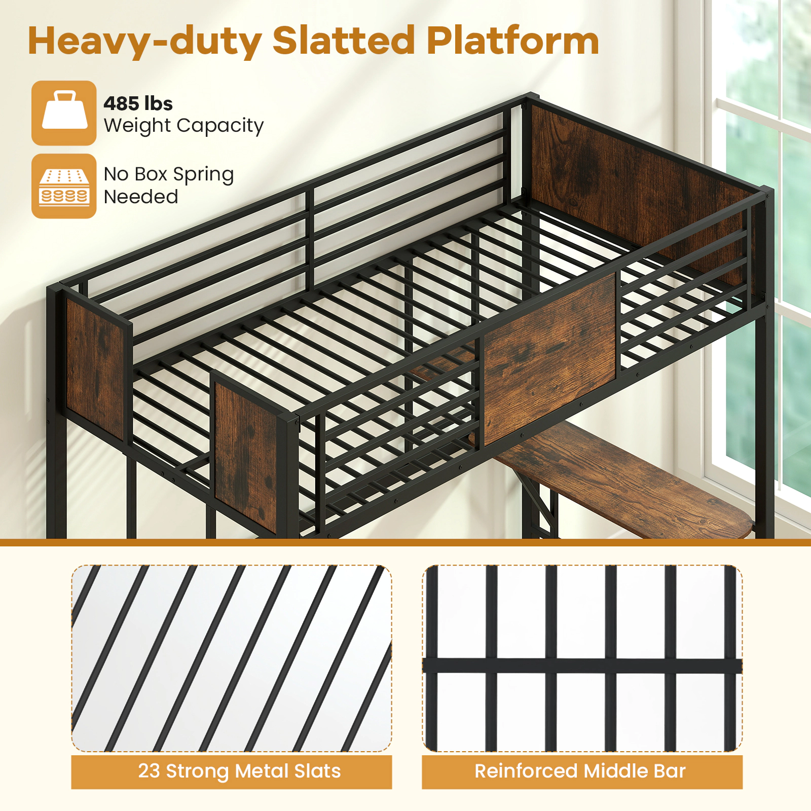 SUGIFT Twin Loft Bed with Desk and Open Shelf, Metal Frame, Black and Rustic Brown