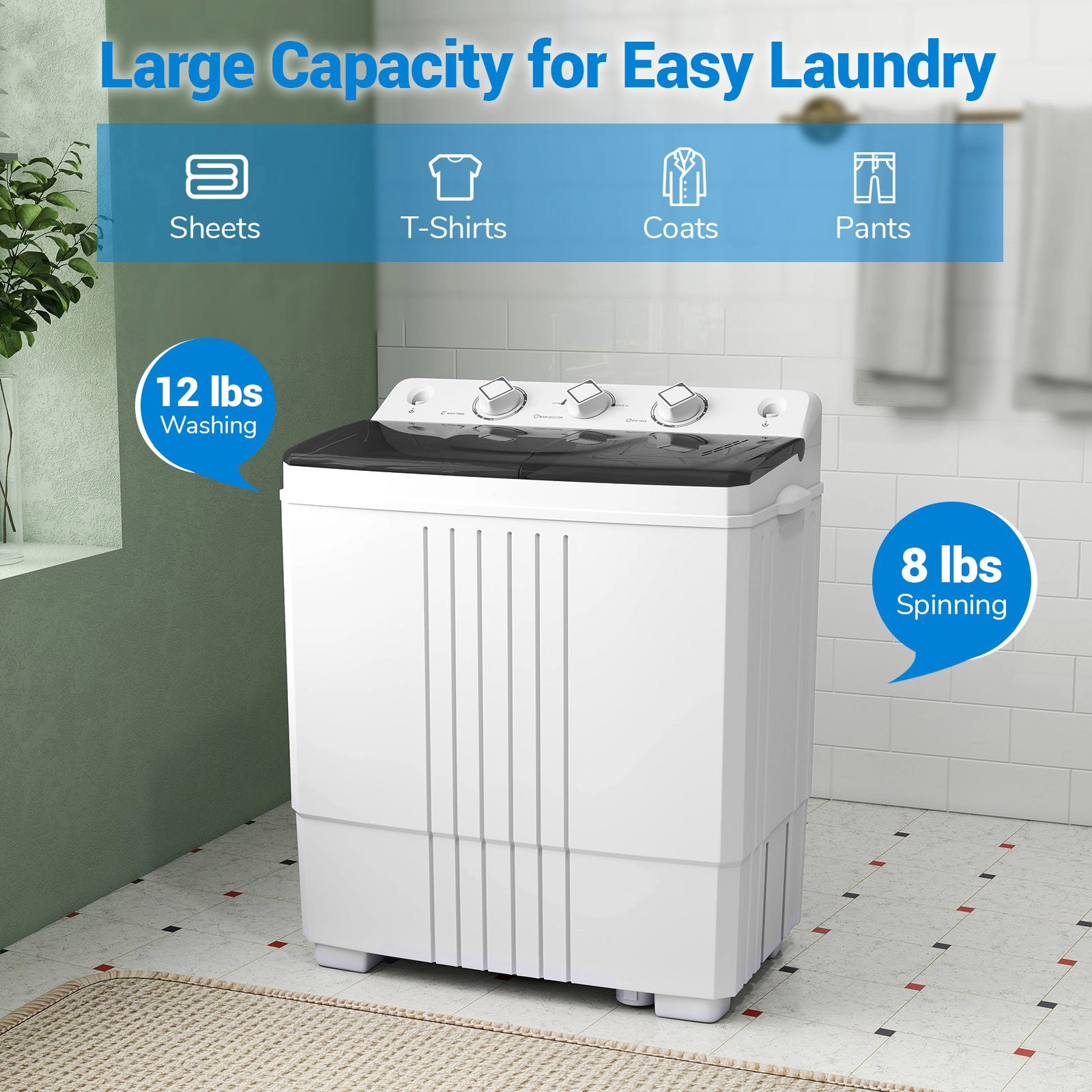 SlickBlue Portable Twin Tub Washing Machine with Dual Timers and Handles