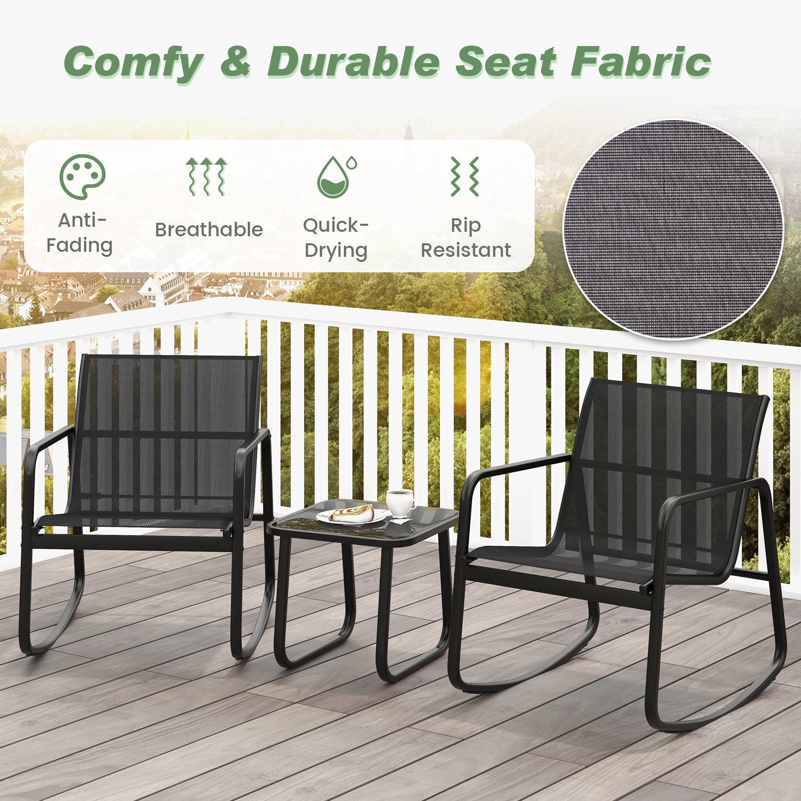 SUGIFT 2 Rocking Chairs and Glass Top Table 3-Piece Patio Bistro Set