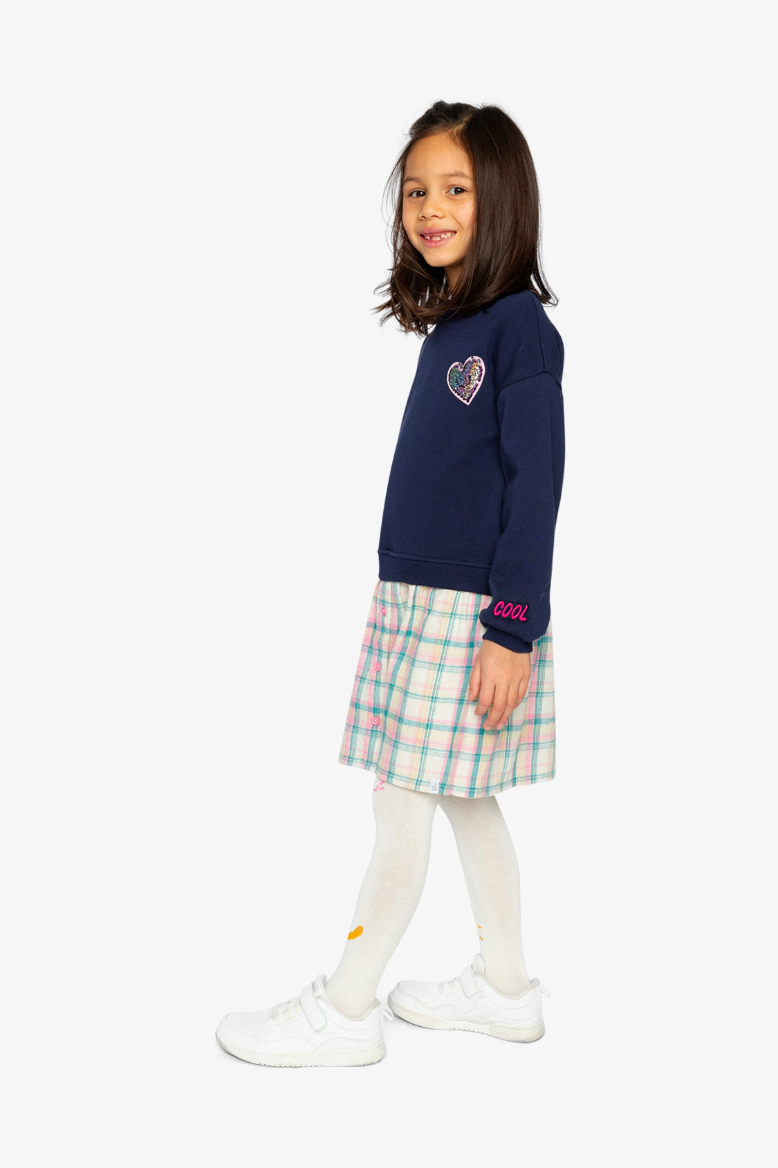 Deux par Deux Girls Heart Appliqué Plaid Bi-Material Dress