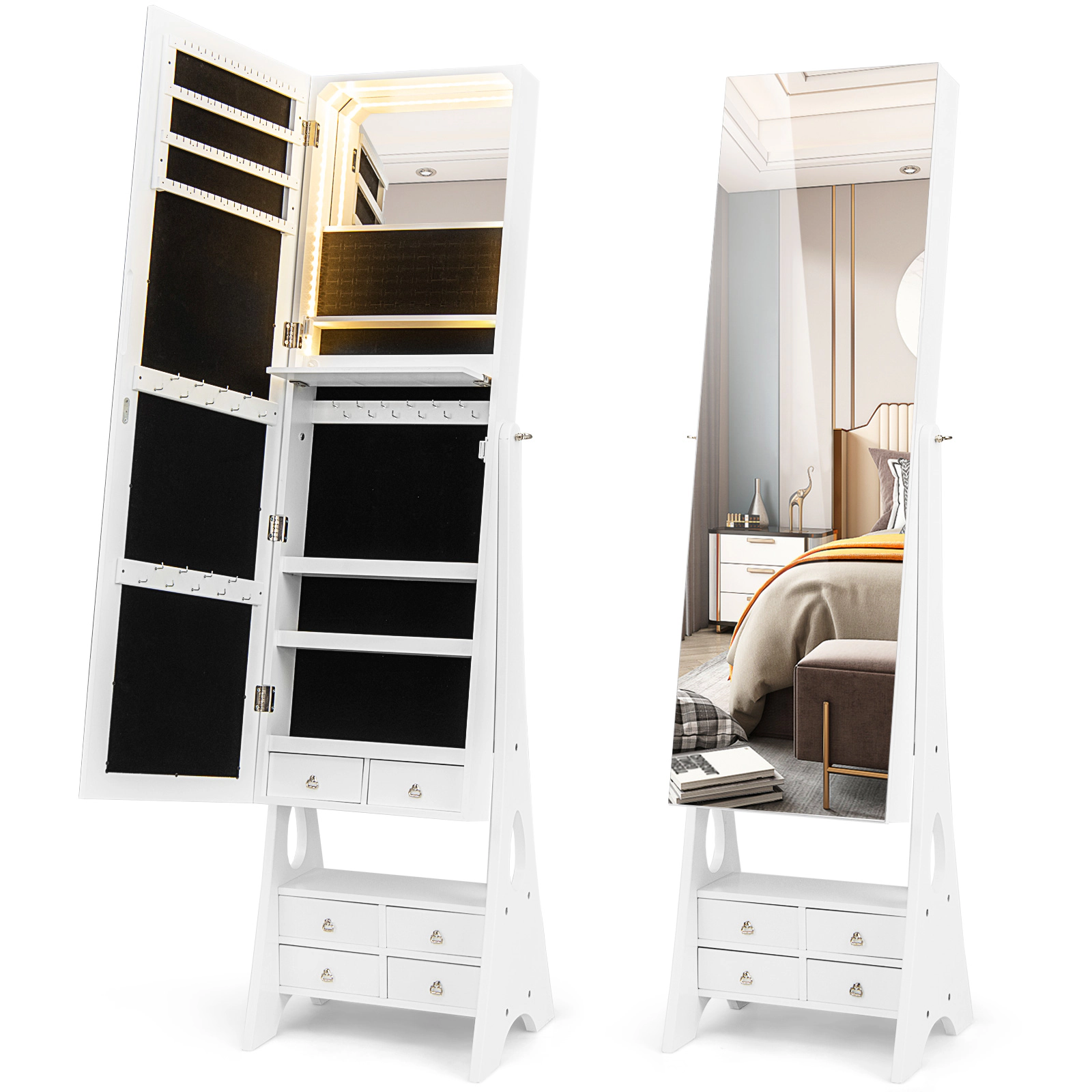 Slickblue 62.5 Inch Freestanding Jewelry Armoire with Full-Length Mirror, 3-Color LED Lights