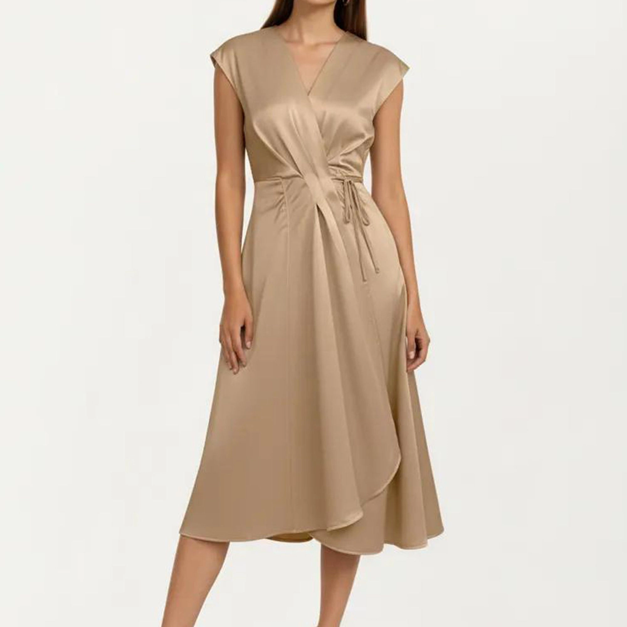 Anna-Kaci Women's Cap Sleeve Wrap V Neck Adjustable Side Tie Fluid Draped Skirt Midi Dress